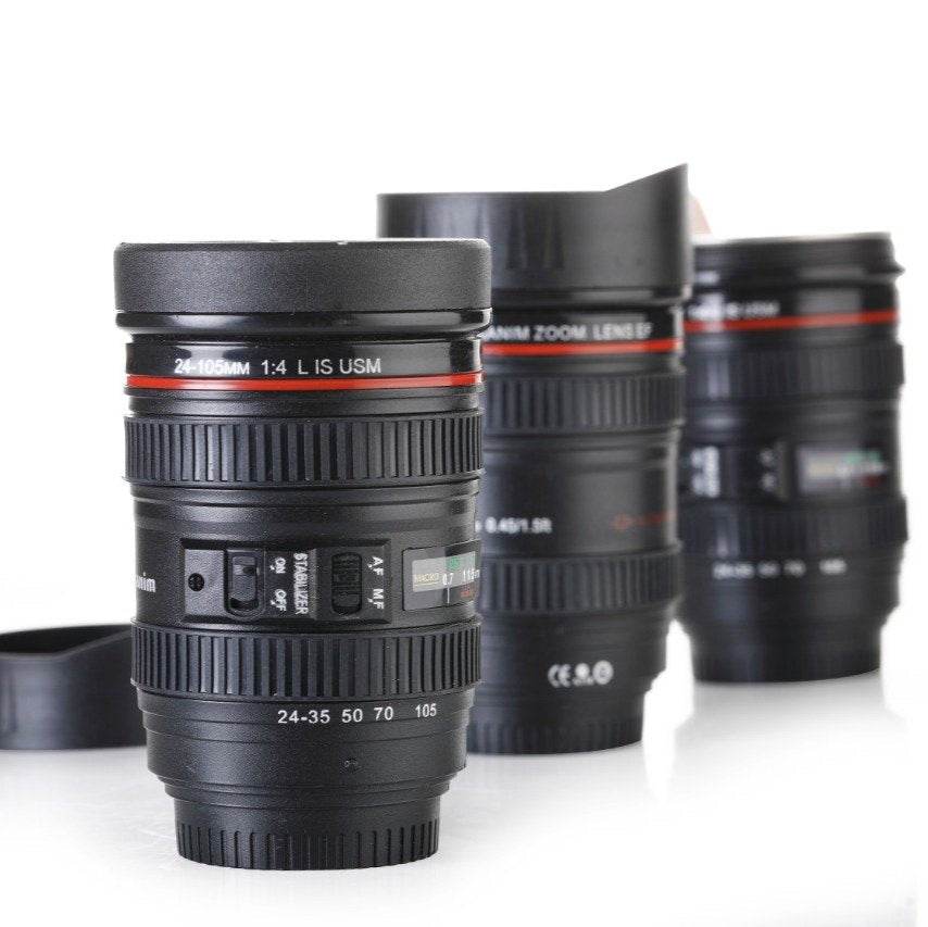 Camera Lens Shaped Coffee Mug Flask With Lid - 9XShoppy