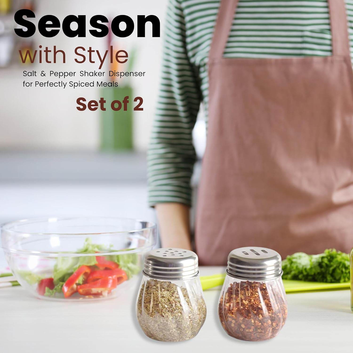 Apex Oregano Chilli Flakes Dispenser Set 2 Pcs Glass Spice Shaker With Stainless Steel Lid - 9XShoppy