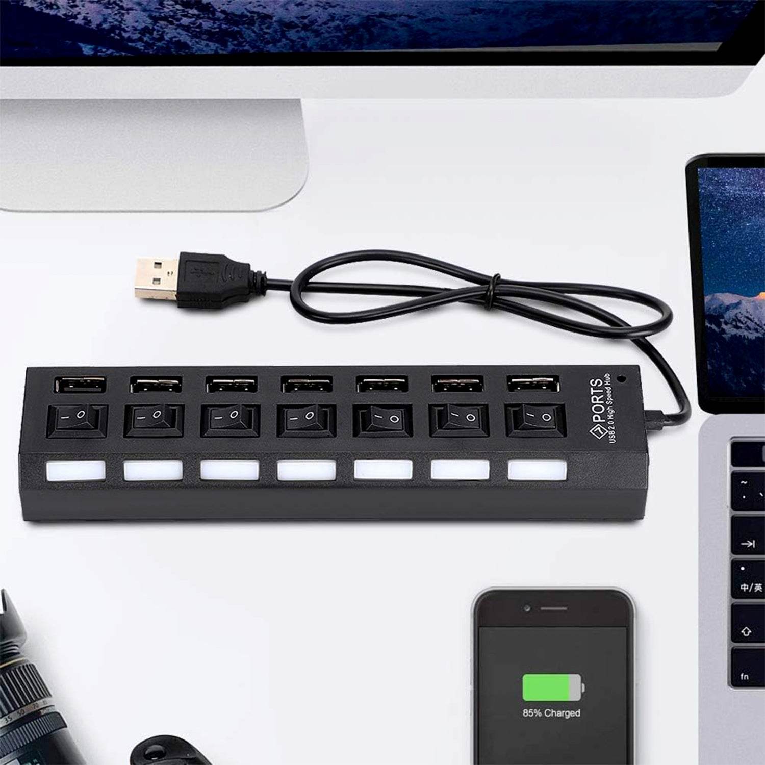 6994 Usb Splitter Multi Port Usb 2.0 Hub 7 Port With Independent Onoff Switch And Led Indicators Usb A Port Data Hub Suitable For Pc Computer Keyboard Laptop Mobile Hdd Flash Drive Camera Etc - 9XShoppy