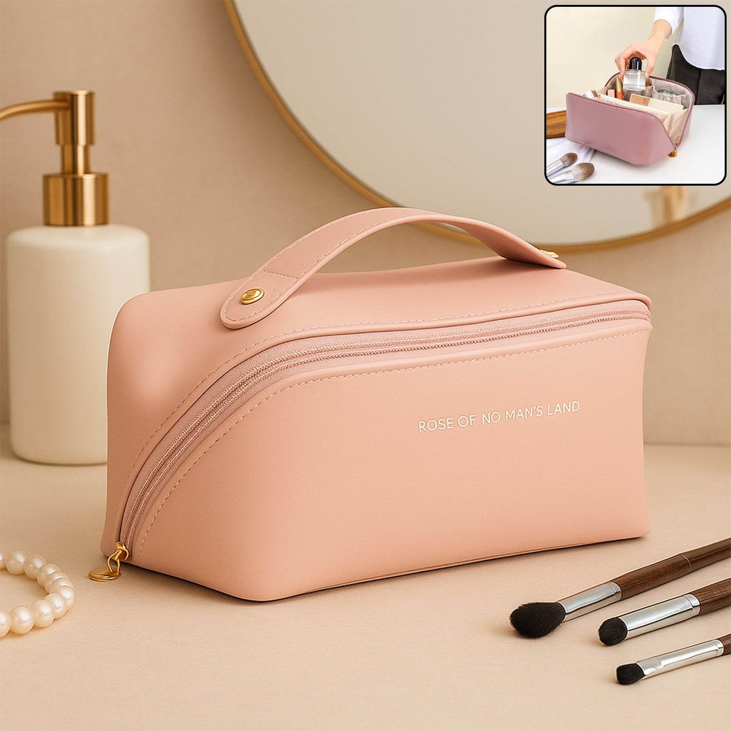 Premium Peach Travel Makeup Toiletry Organizer Pouch With Zipper Handle (1 Pc) - 9XShoppy