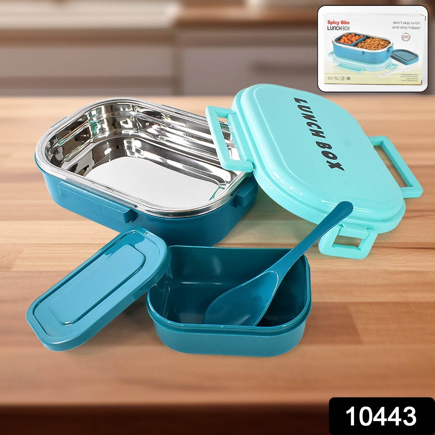 3 In 1 Spicy Bite Stainless Steel Lunch Box With Plastic Small Box Spoon (1 Set) - 9XShoppy
