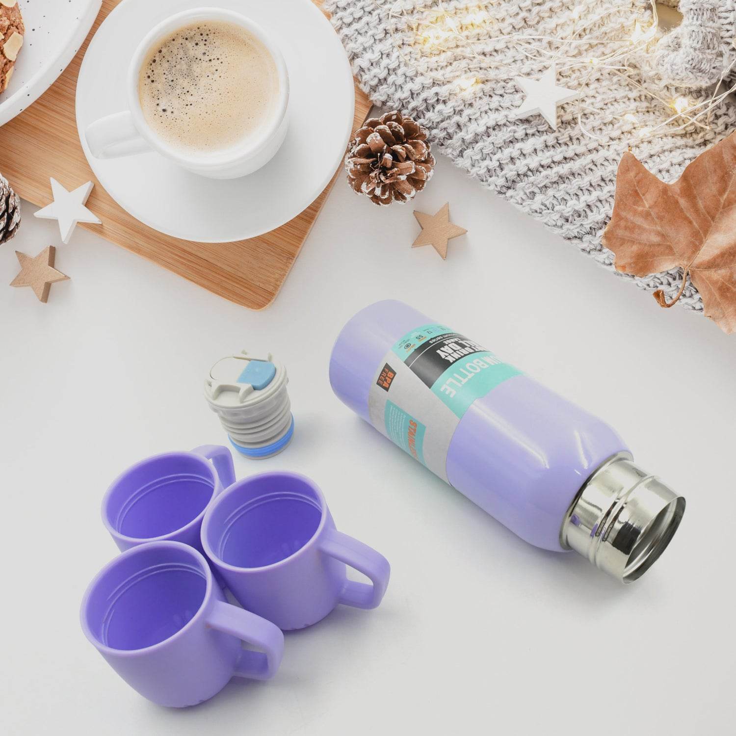 5533 Vacuum Flask Set Stainless Steel Thermos With 3 Cup Creative Gift Set With Cover Handle Portable Car Water Bottle Set (Approx 500ml) - 9XShoppy