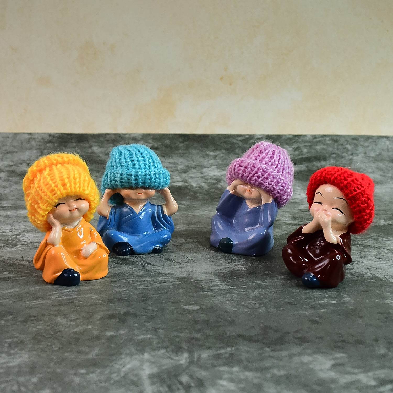Decorative Resin Monk Buddha Showpiece Set Of 4 With Traditional Straw Hats - 9XShoppy