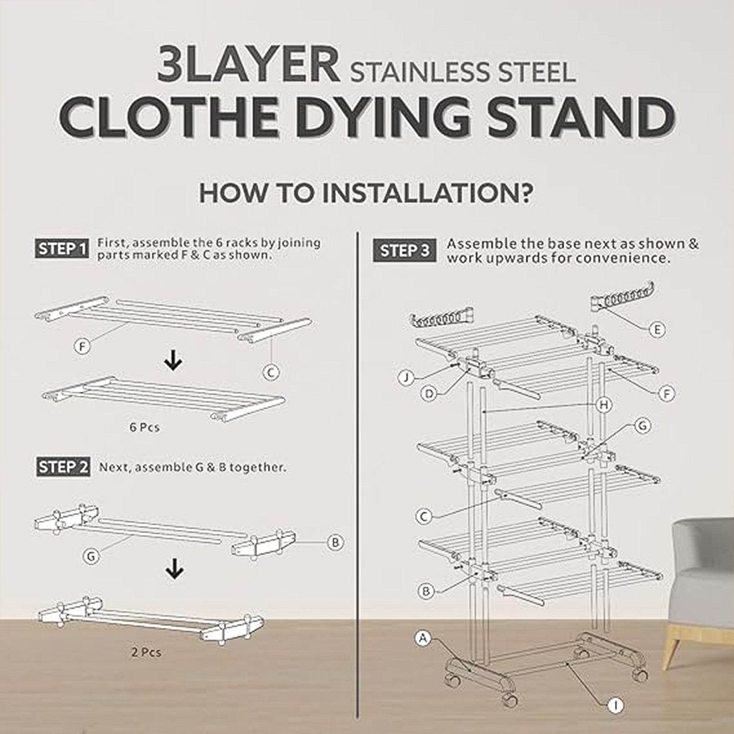 3-tier Foldable Stainless Steel Cloth Drying Stand With Wheels - 9XShoppy