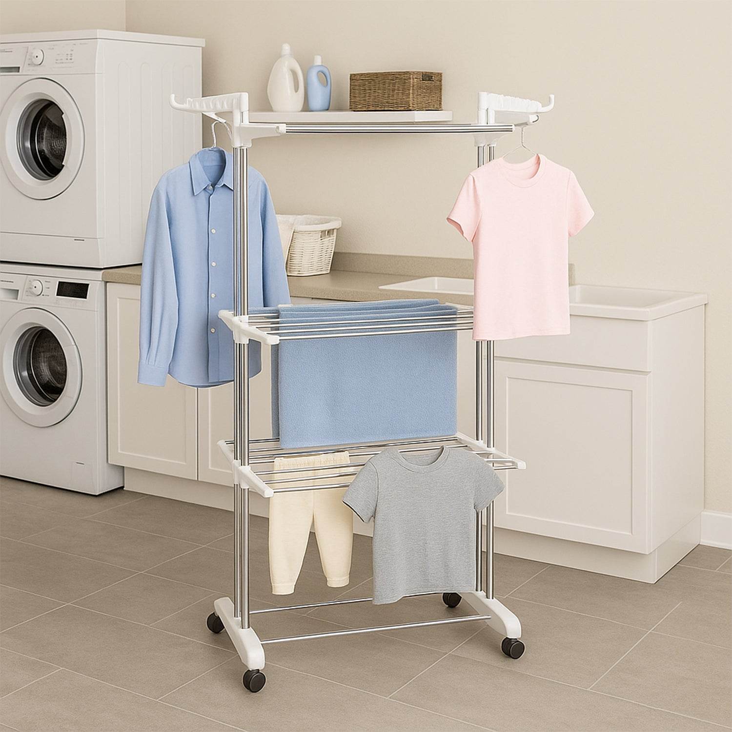 3-tier Foldable Stainless Steel Cloth Drying Stand With Wheels - 9XShoppy