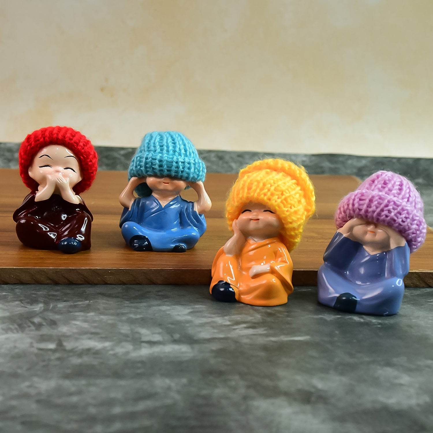 Decorative Resin Monk Buddha Showpiece Set Of 4 With Traditional Straw Hats - 9XShoppy