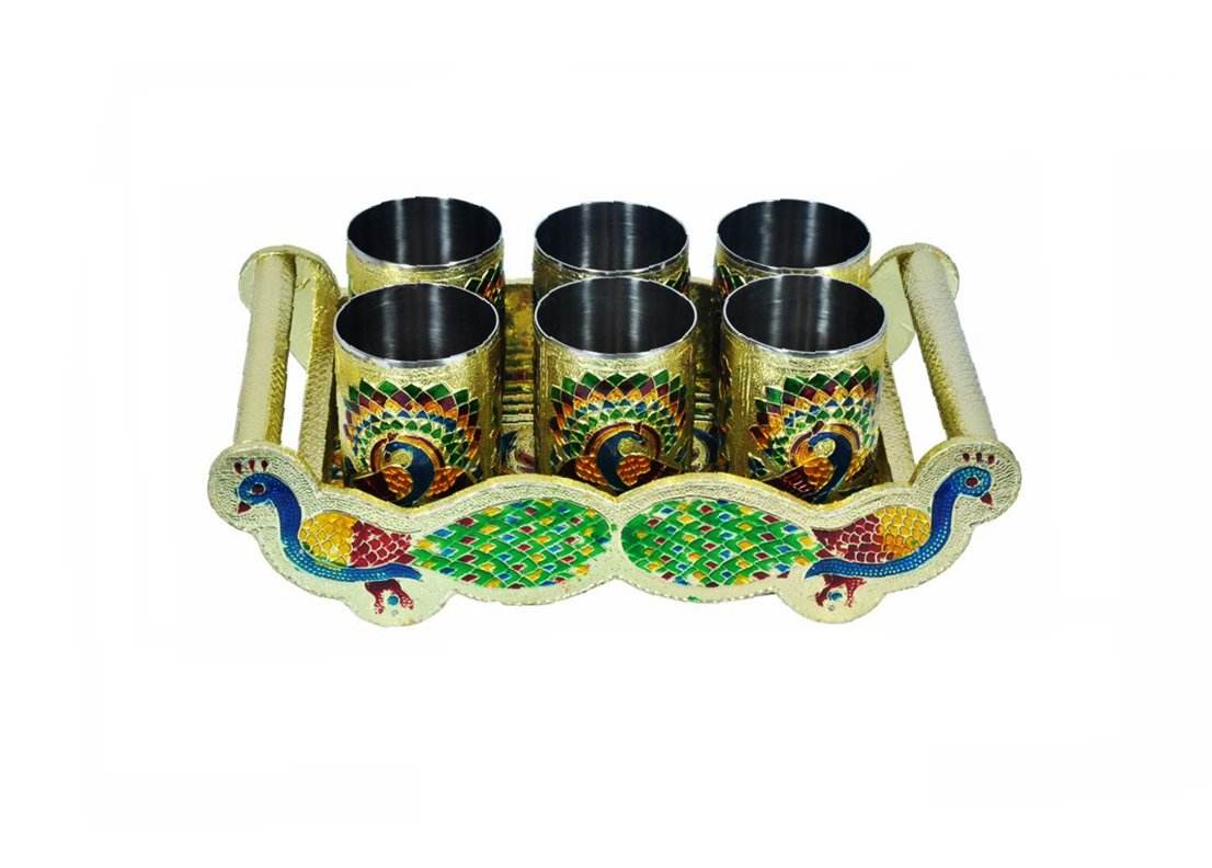 Peacock Design Glass With Handle And Handicraft Serving Tray Set - 9XShoppy