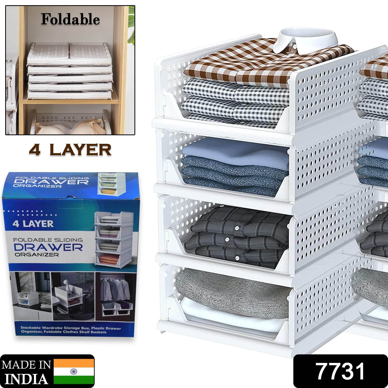 7731 Clothes Organizer 4 Layer Drawer For Wardrobe Cupboard Organizer For Clothes Foldable And Stackable Closet Organizer Drawer Organizer For Clothes Multi Purpose Plastic Drawer - 9XShoppy