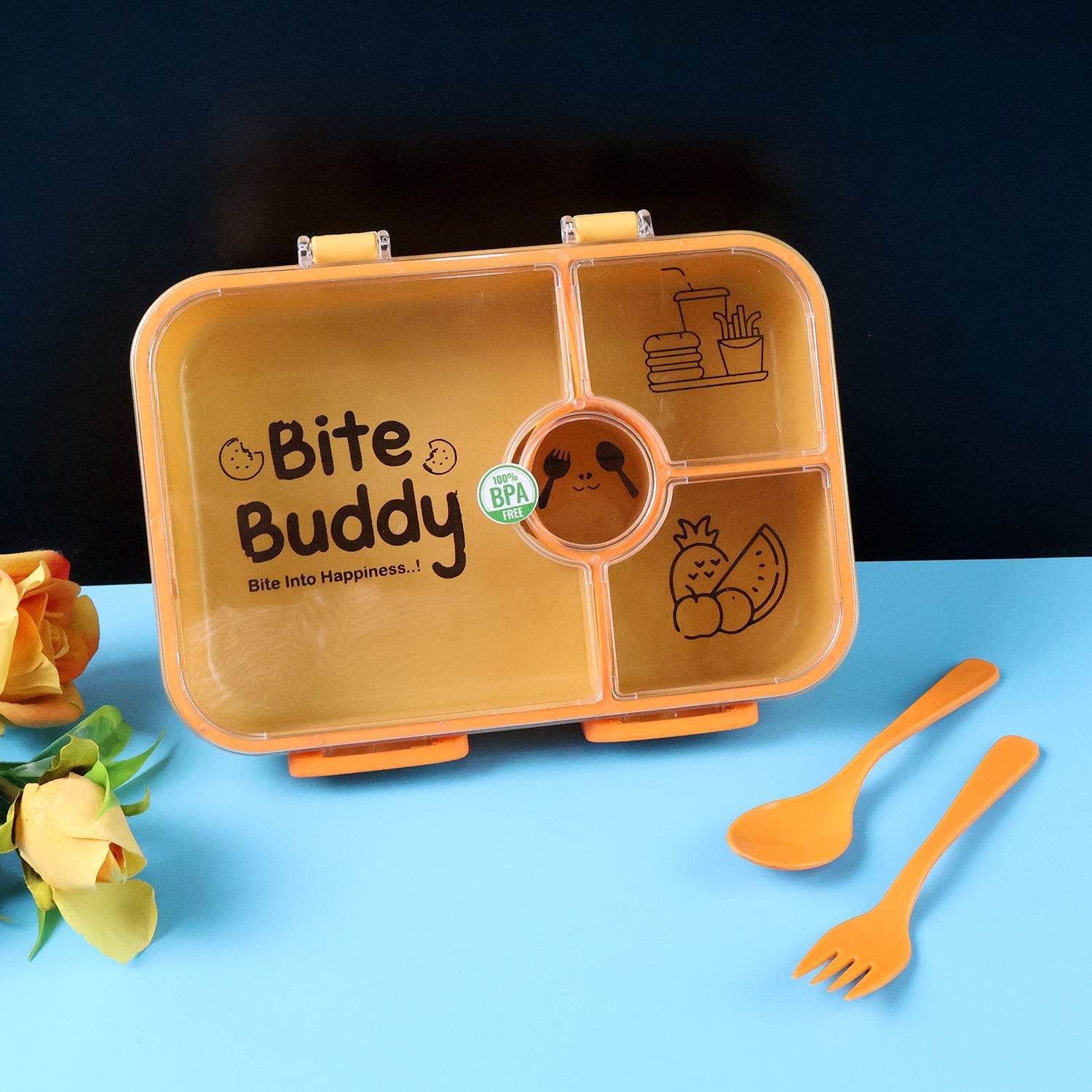 Bite Buddy 4-compartment Leak-resistant Plastic Lunch Box With Spoon Fork - 9XShoppy