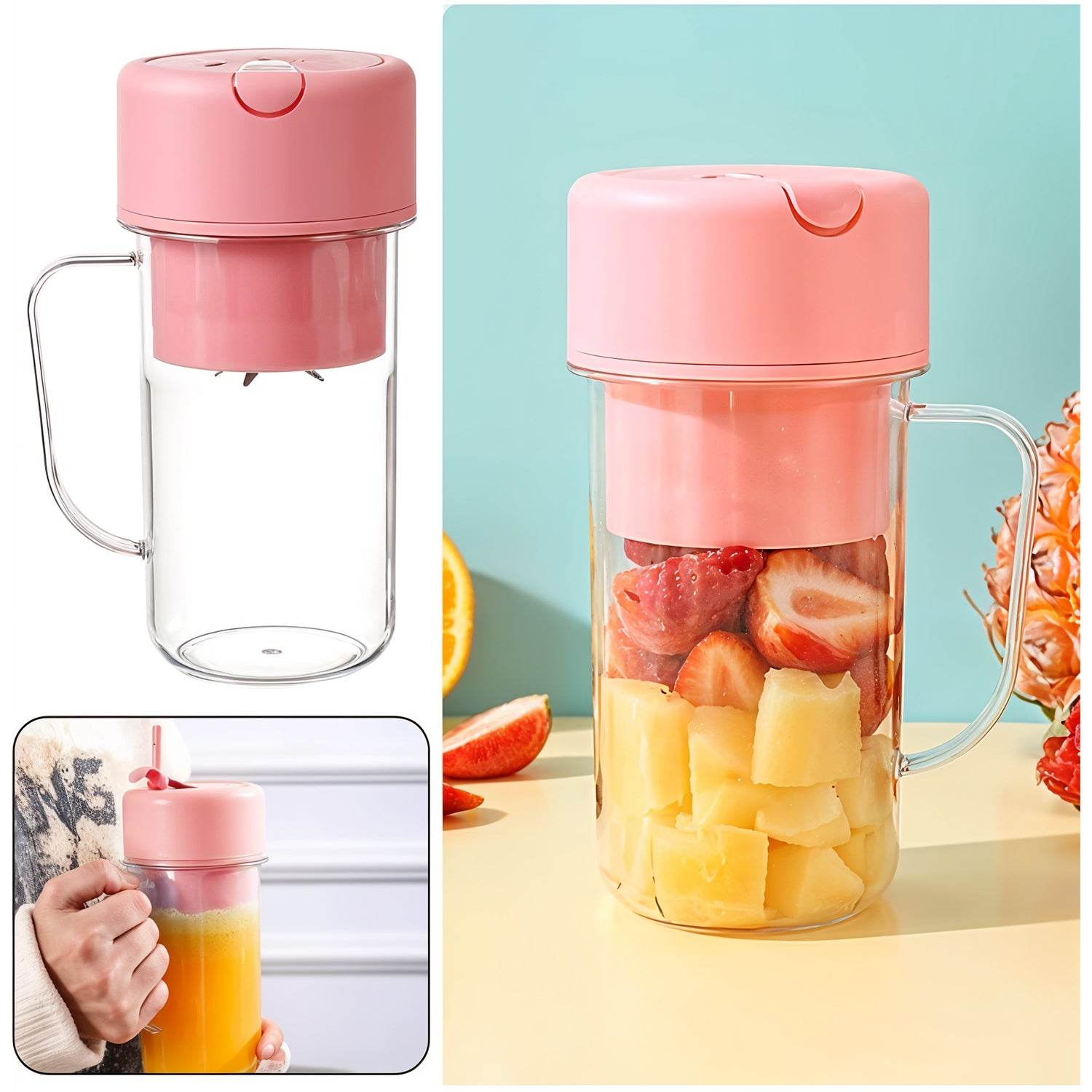 Portable Crusher Juicer With Handle Straw Usb Rechargeable 6 Blades (420 Ml) - 9XShoppy