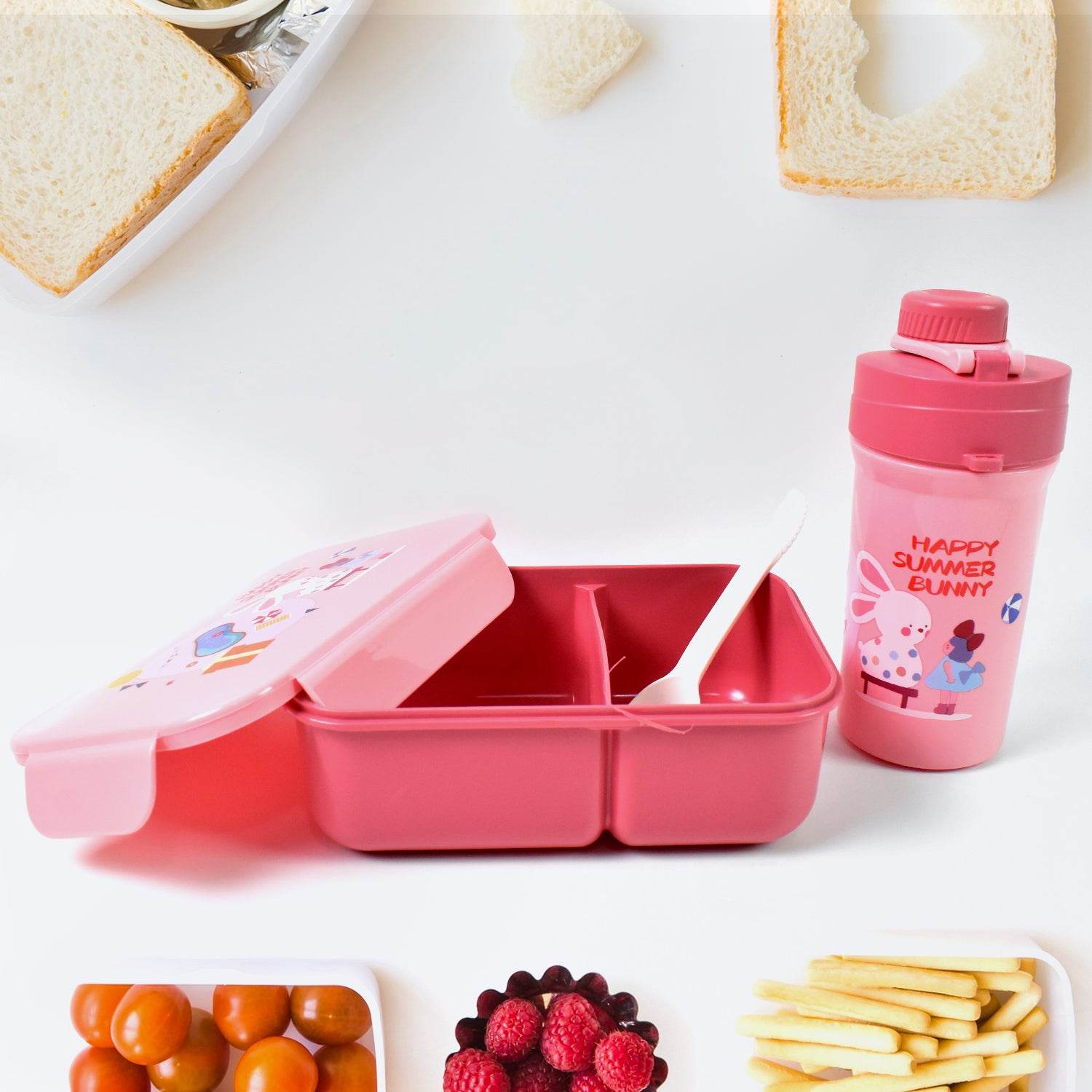 Plastic Lunch Box Leak Proof 2 Compartment With Bottle And Fork (1 Set Mix Color) - 9XShoppy