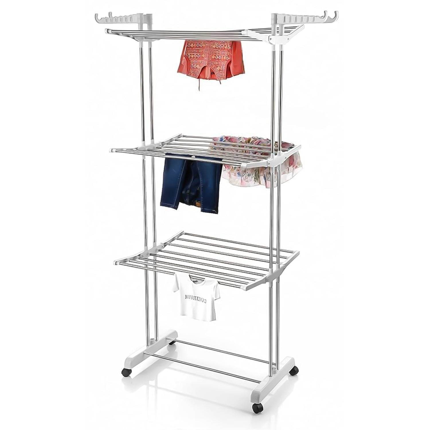 3-tier Foldable Stainless Steel Cloth Drying Stand With Wheels - 9XShoppy