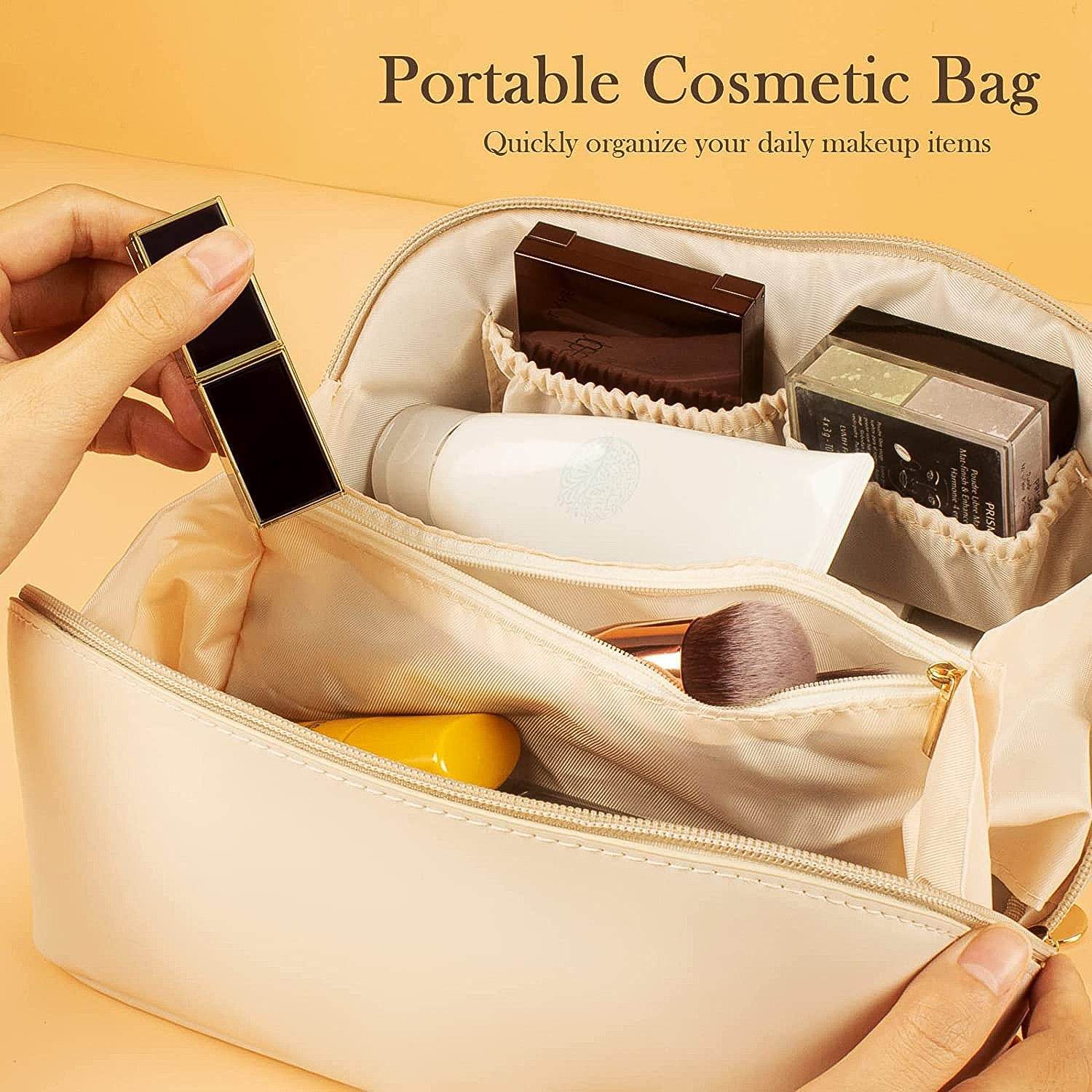 Premium Cream Travel Makeup Toiletry Organizer Pouch With Zipper Handle (1 Pc) - 9XShoppy