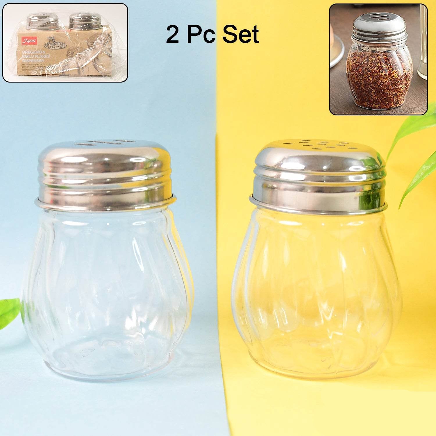Apex Oregano Chilli Flakes Dispenser Set 2 Pcs Glass Spice Shaker With Stainless Steel Lid - 9XShoppy