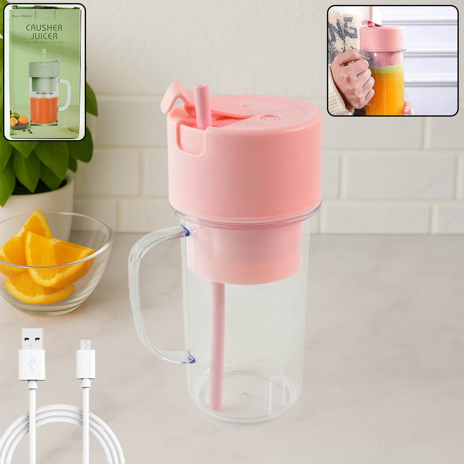 Portable Crusher Juicer With Handle Straw Usb Rechargeable 6 Blades (420 Ml) - 9XShoppy