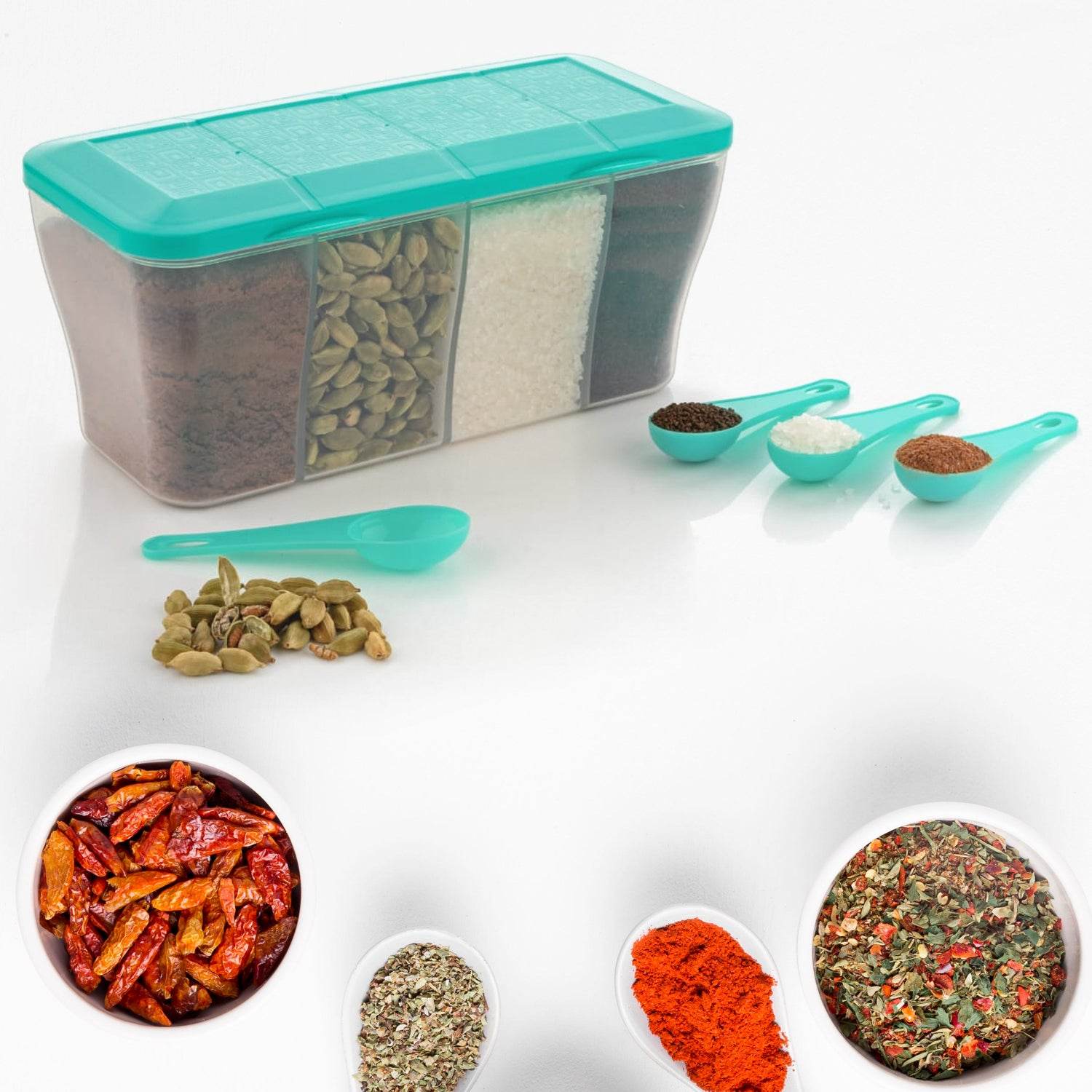 5578 Kitchen Multipurpose Air-tight 4 Sections Storage Containers Pickle (Achar) Jar With 4 Spoon For Each Section (1 Pc Mix Color) - 9XShoppy