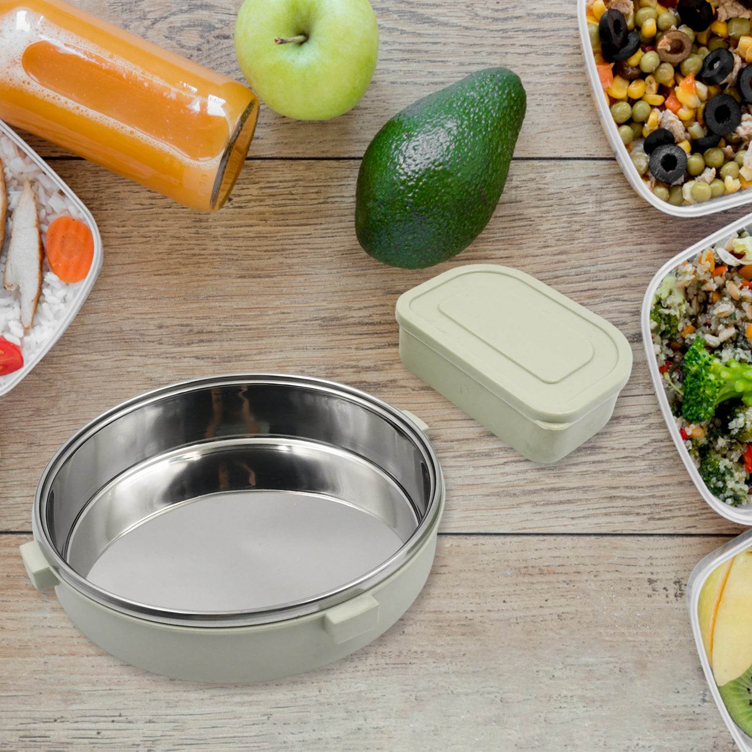 5584 Miracle Stainless Steel Round Lunch Box With Small Plastic Box Insert Leak Proof Lunch Box With Transparent Lid Lunch Box For Kids Adults For School Office (450 Ml + 250 Ml Approx) - 9XShoppy