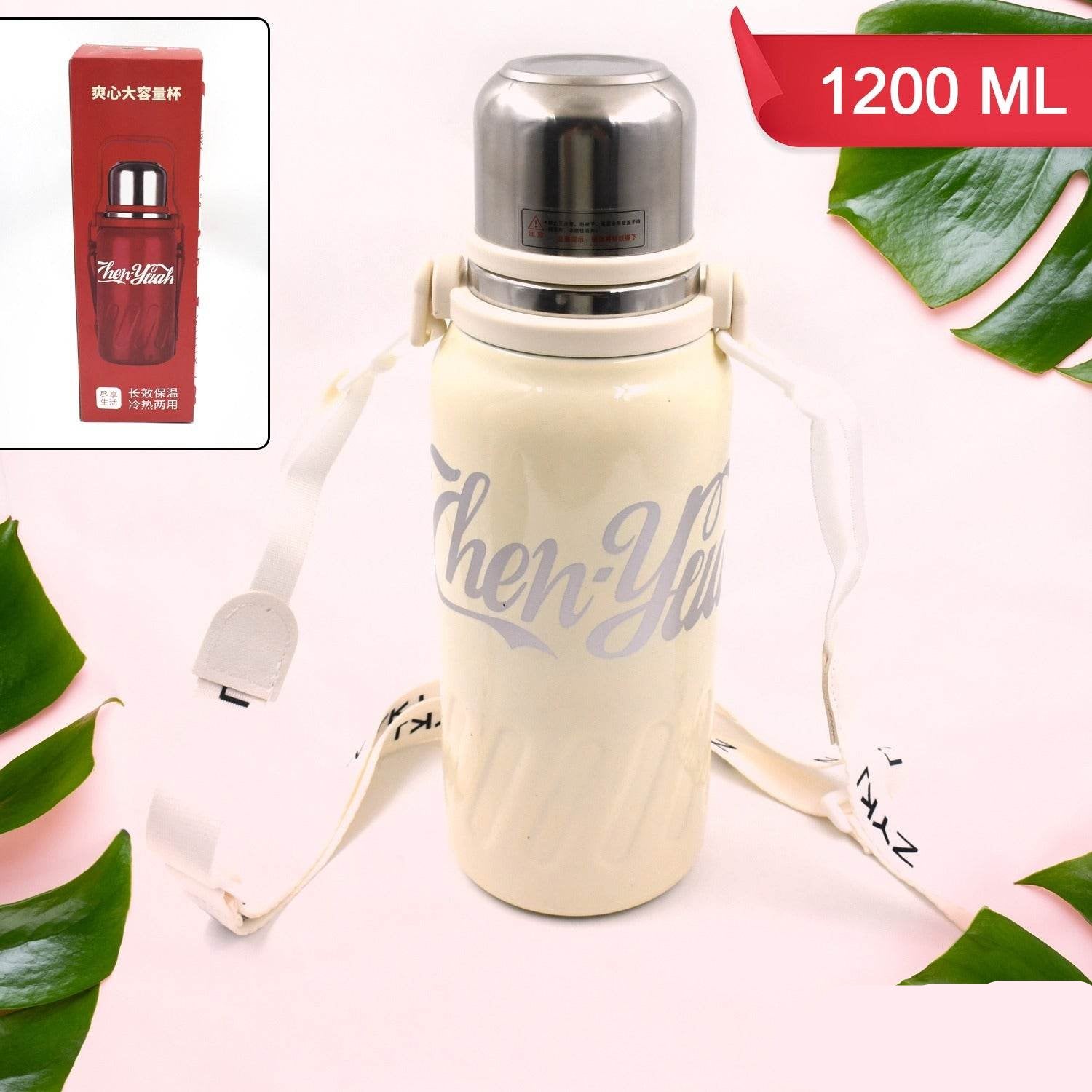 Stainless Steel Vacuum Insulated Water Bottle Leak Proof Flask For Tea Coffee Reusable Water Bottle With Hanging Strap Bottle For Hot Cold Drinks Wide Mouth Water Flask (900 1200 Ml) - 9XShoppy