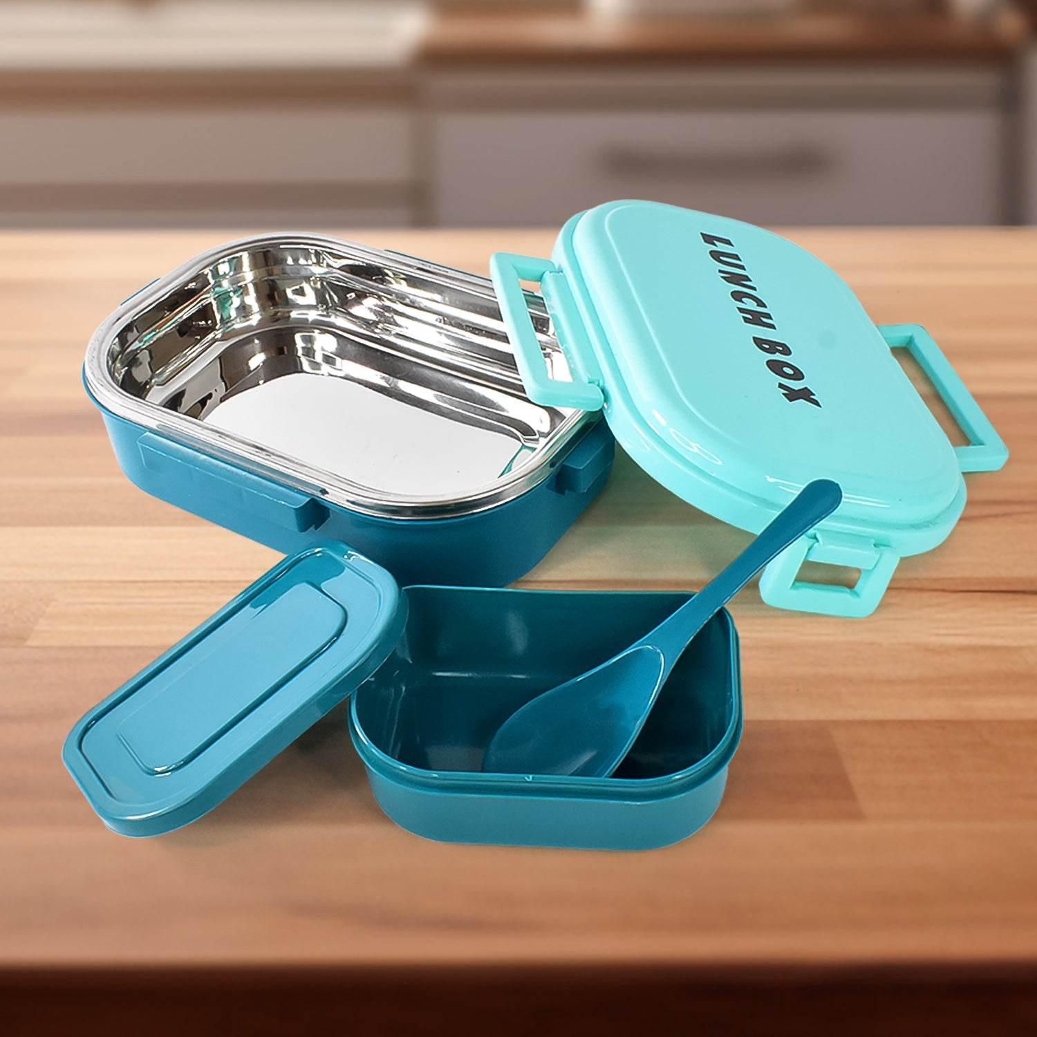 3 In 1 Spicy Bite Stainless Steel Lunch Box With Plastic Small Box Spoon (1 Set) - 9XShoppy