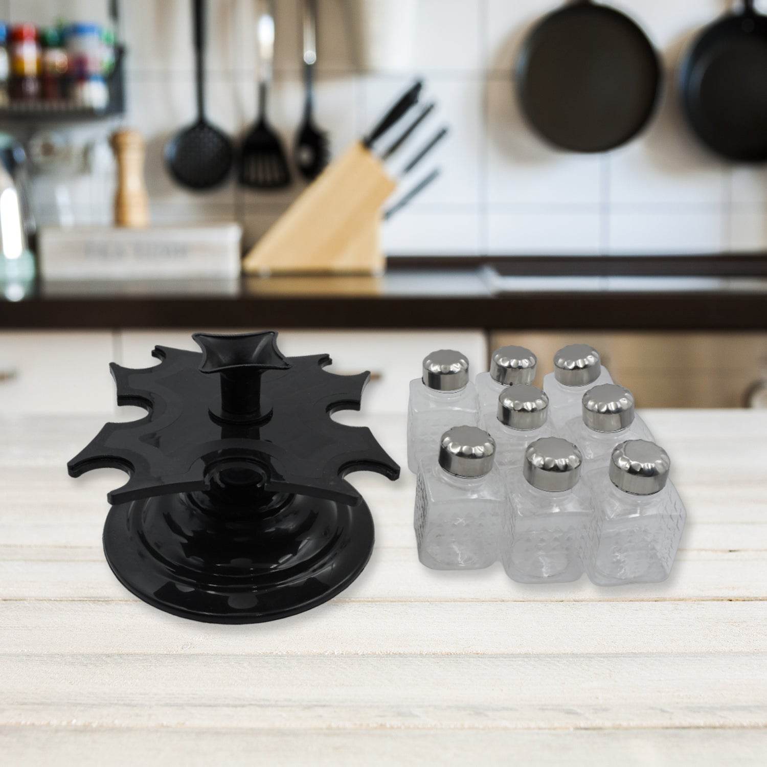 5502 All New Square 8 Bottle Design 360 Degree Revolving Spice Rack Container Condiment Pieces Set Square Small Container - 9XShoppy