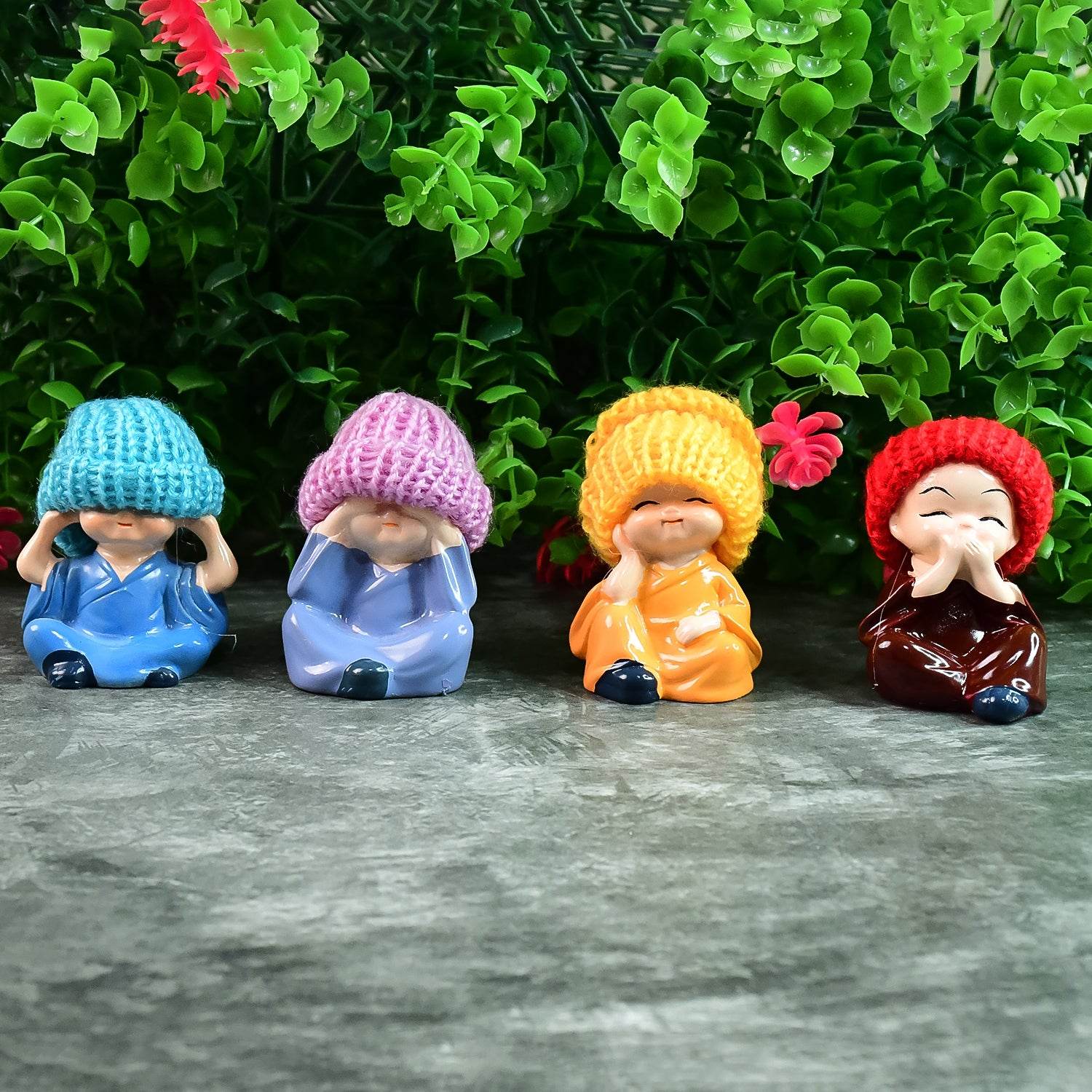 Decorative Resin Monk Buddha Showpiece Set Of 4 With Traditional Straw Hats - 9XShoppy