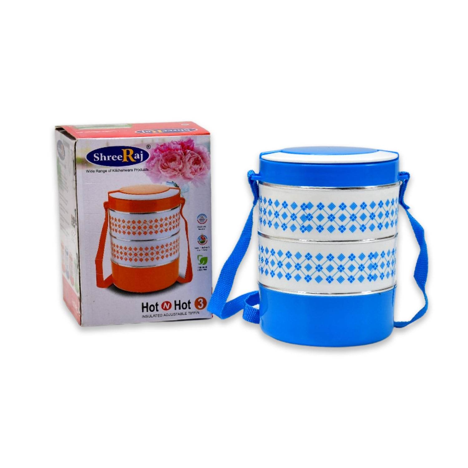 3 Layer Adjustable Insulated Tiffin Set Of 1 Blue 3 Containers Lunch Box - 9XShoppy