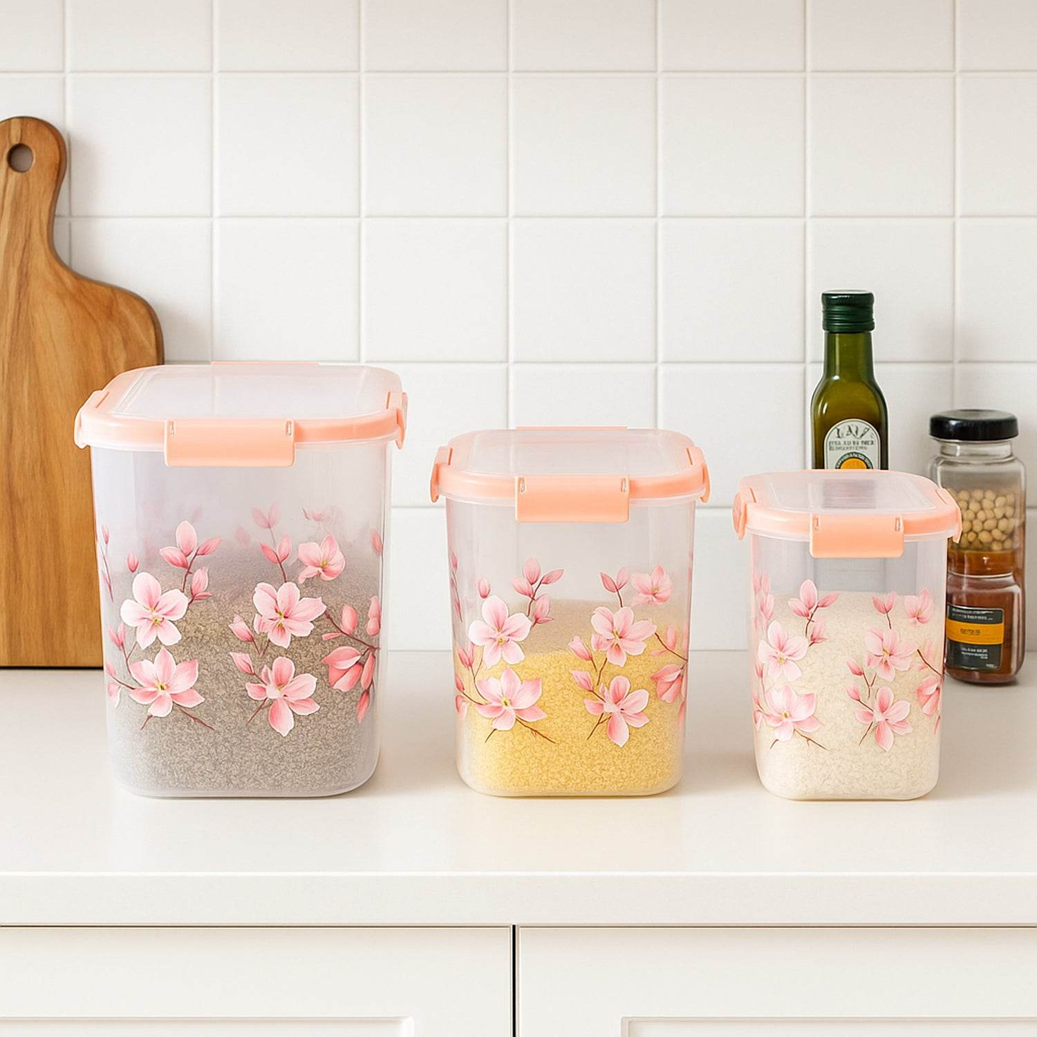 Square 3 Pcs Floral Printed Airtight Storage Container Set Approx 2.8 Ltr 4.5 Ltr 6.9 Ltr (3 Pcs Set) - 9XShoppy