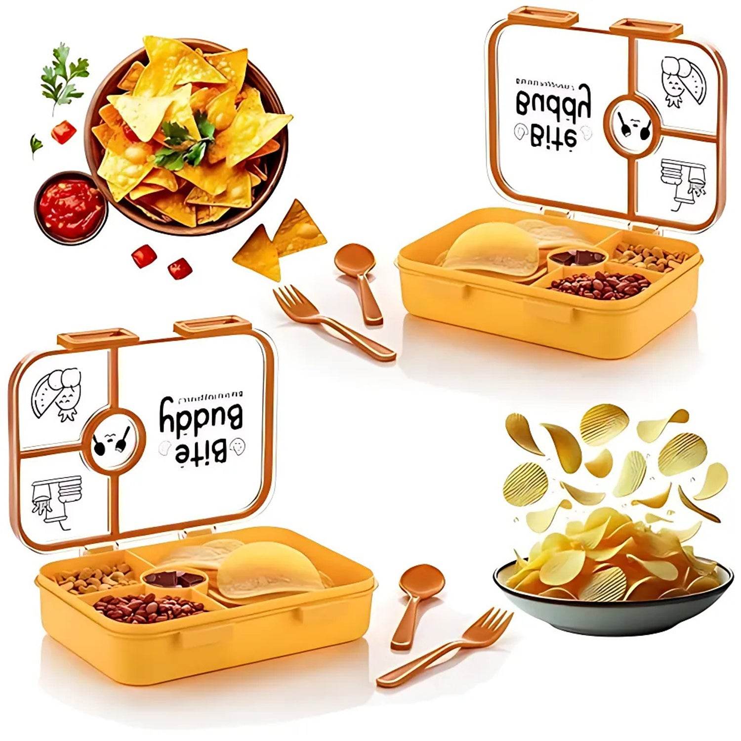 Bite Buddy 4-compartment Leak-resistant Plastic Lunch Box With Spoon Fork - 9XShoppy