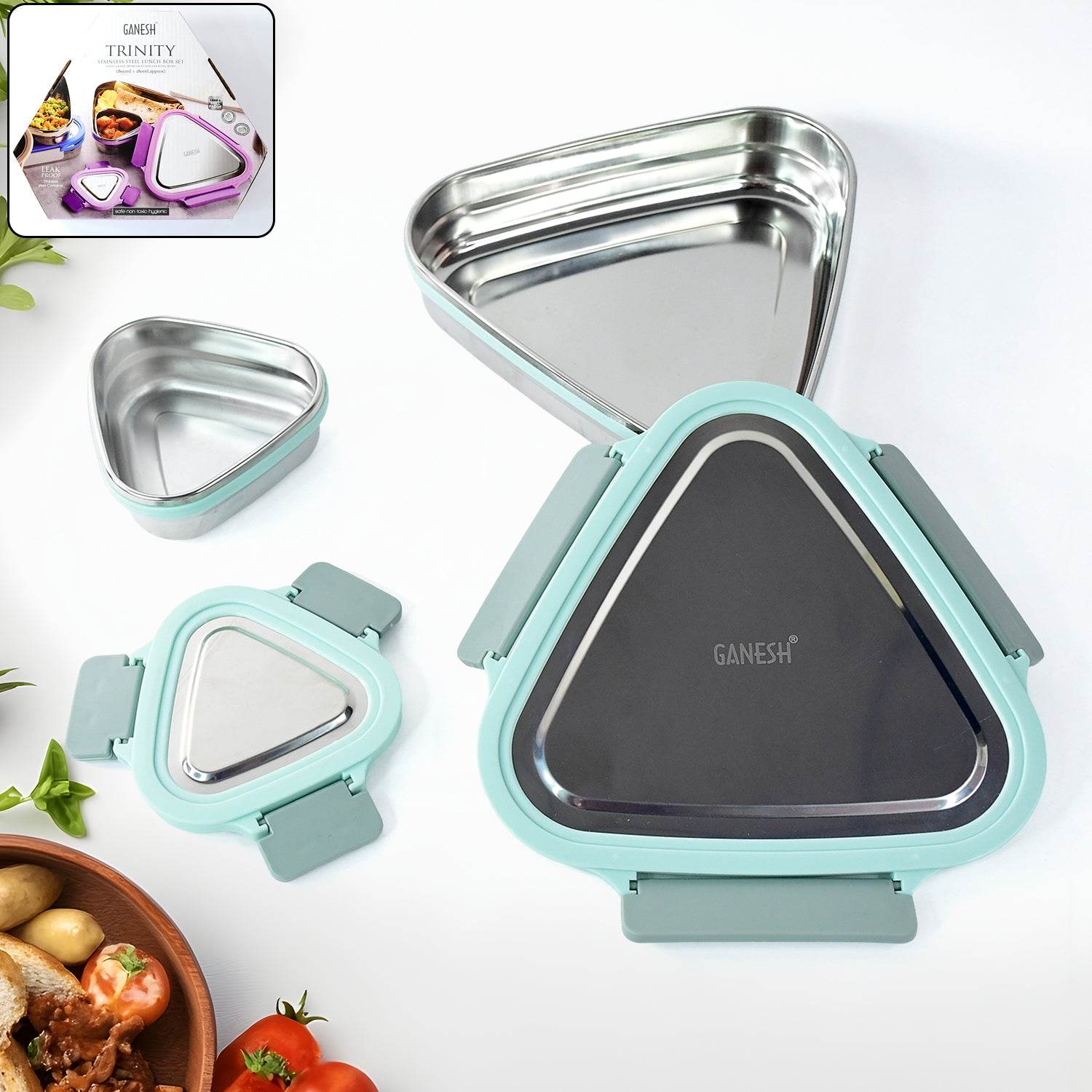 Ganesh Trinity 2-piece Stainless Steel Triangle Lunch Box Set - 9XShoppy