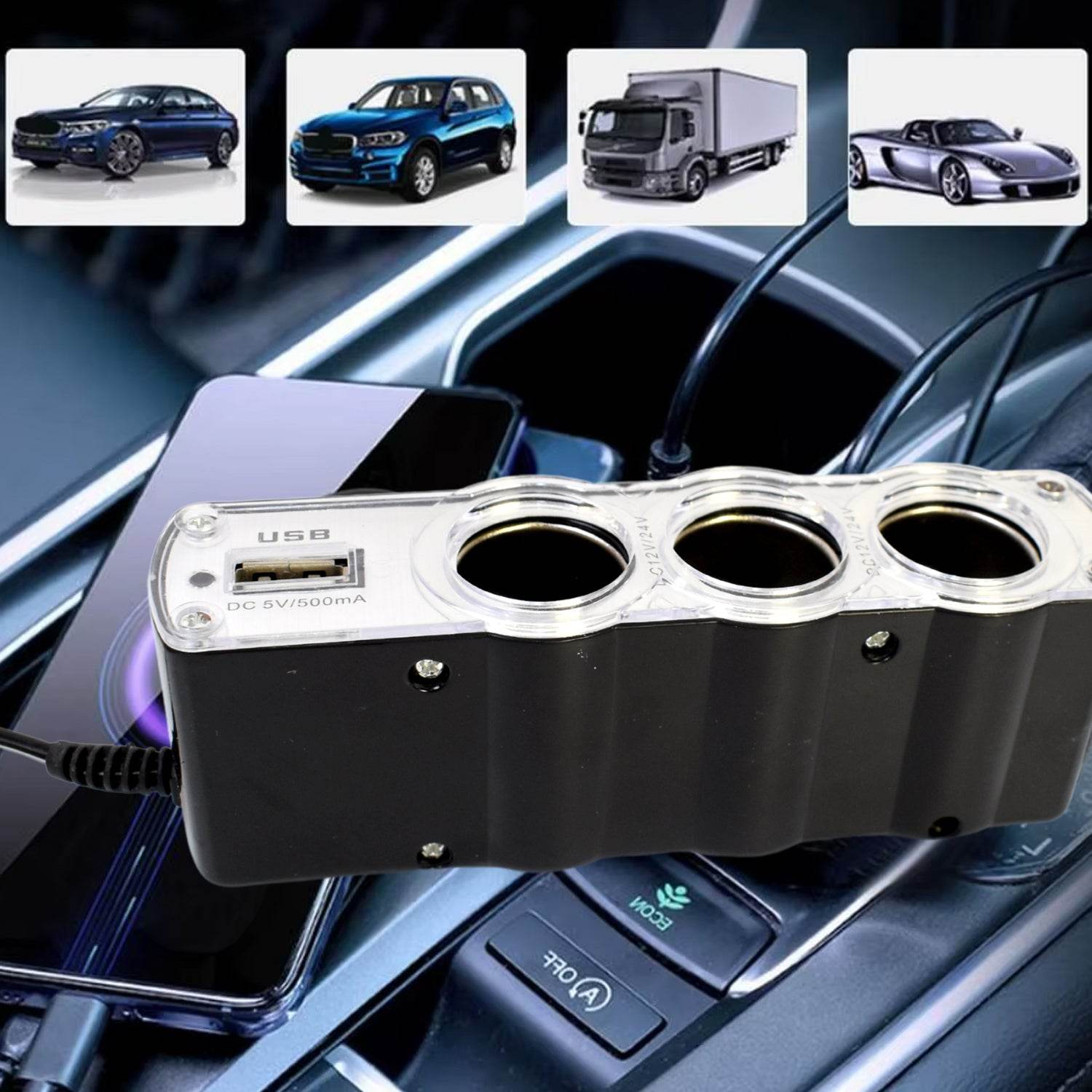 Triple 3 Way Car 12v Lighter Socket Splitter Usb Charger Power Adapter - 9XShoppy