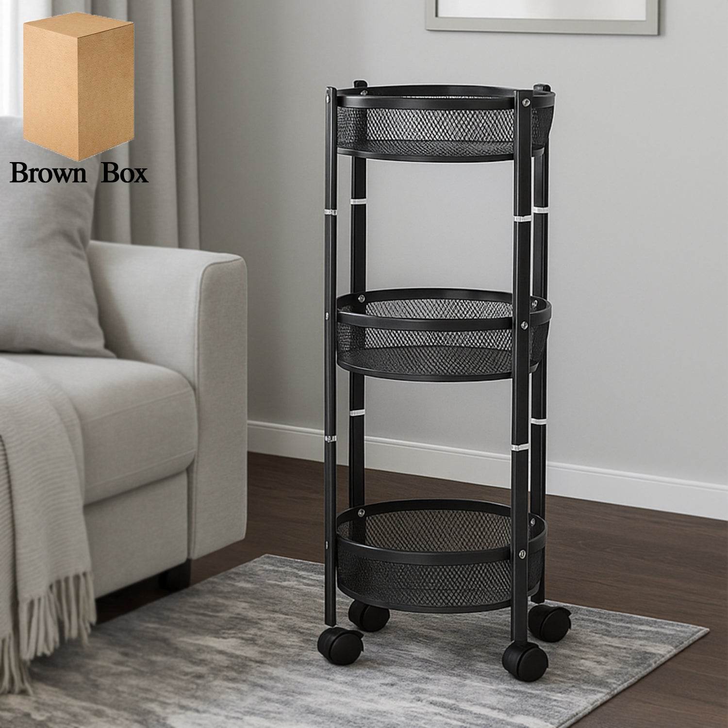 3-layer Round Metal Mesh Utility Storage Trolley With Wheels - 9XShoppy