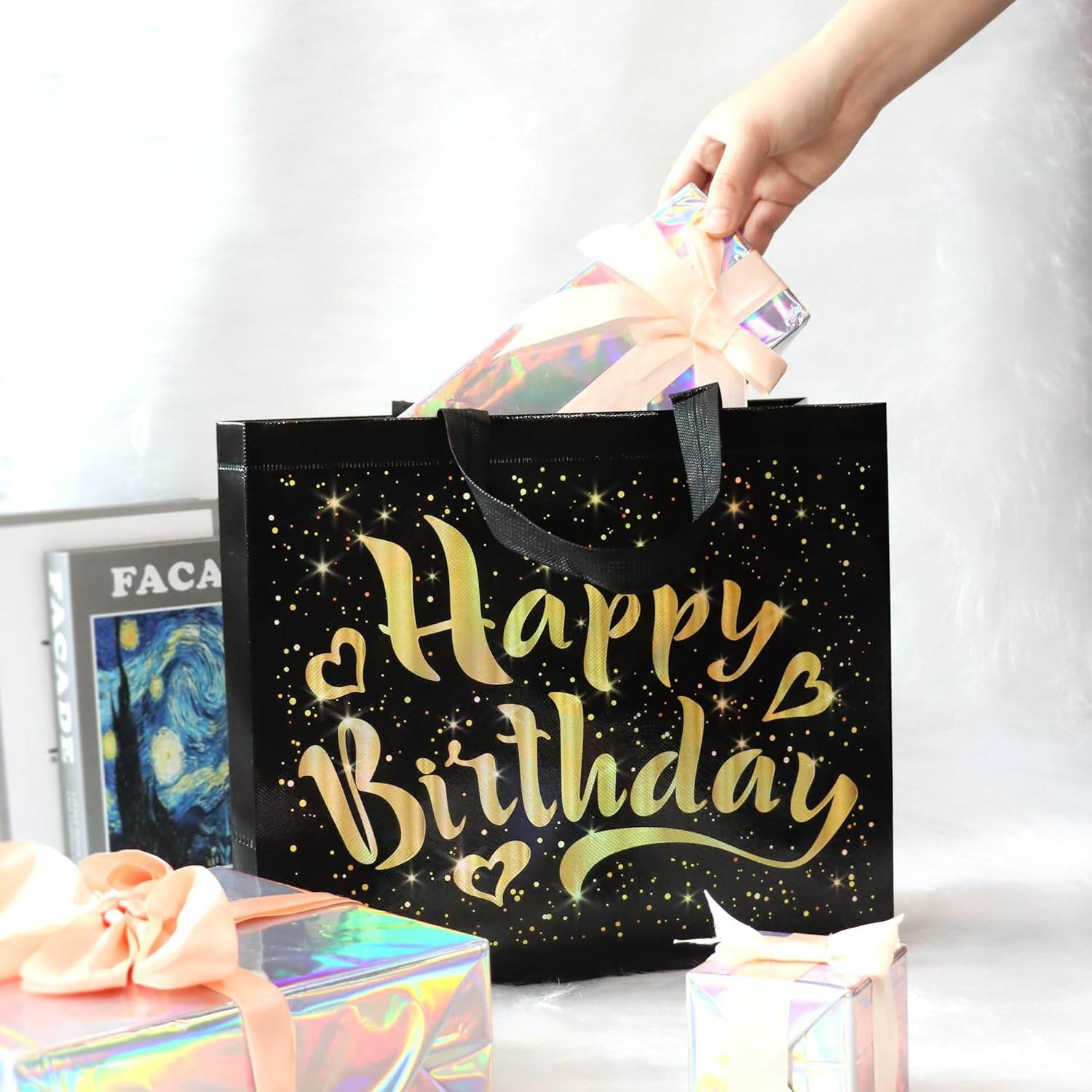 Birthday Gift Bag With Gold Shiny Stars Reusable Party Gift Bags (1 Pc) - 9XShoppy