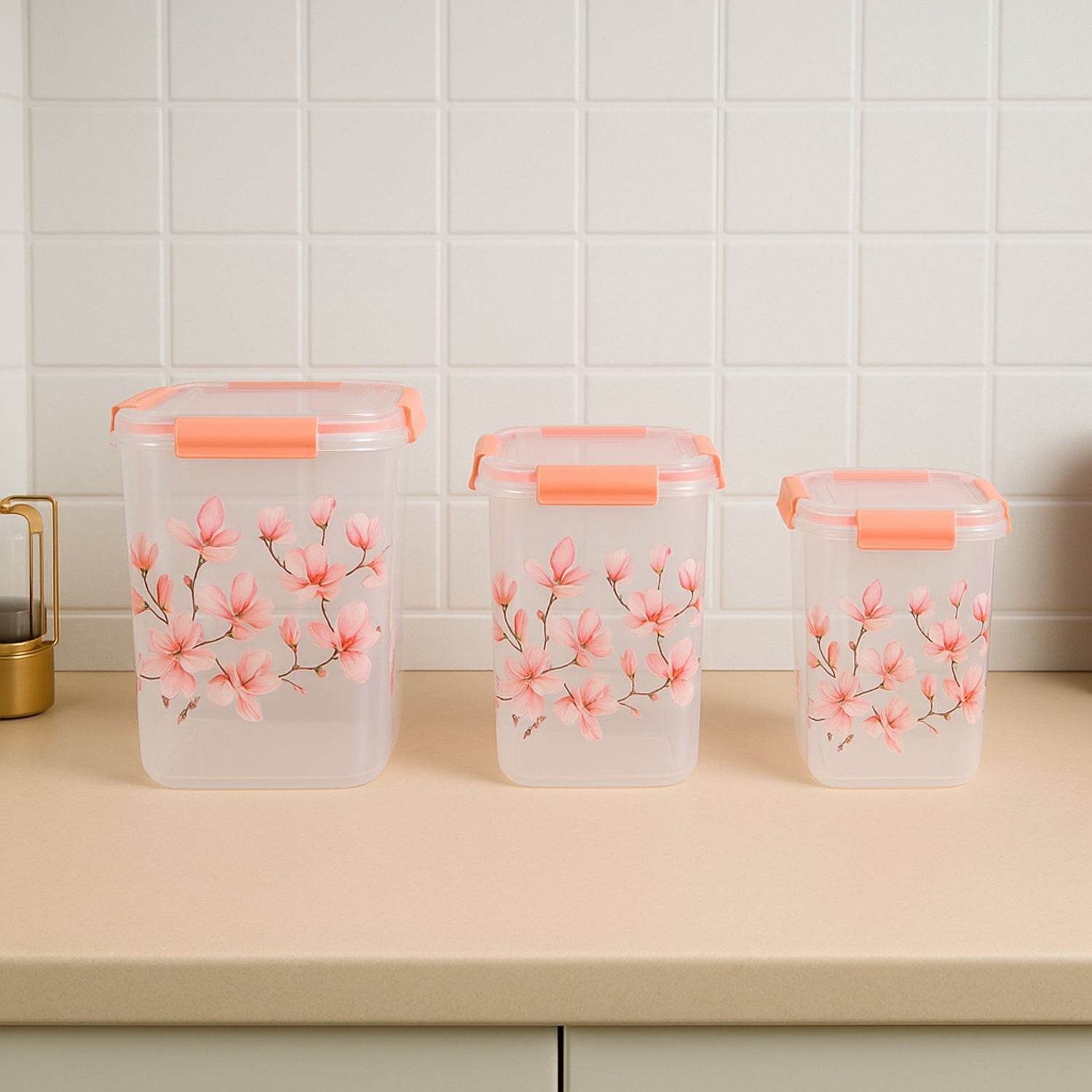 Square 3 Pcs Floral Printed Airtight Storage Container Set Approx 2.8 Ltr 4.5 Ltr 6.9 Ltr (3 Pcs Set) - 9XShoppy
