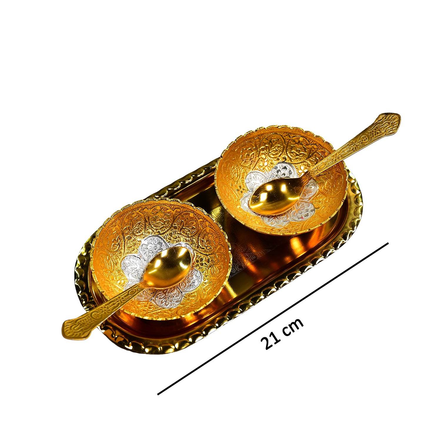 Gold Silver Plated 2 Bowl 2 Spoon Tray Set Brass - 9XShoppy