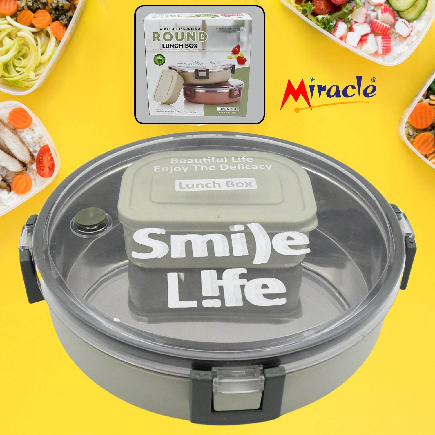 5584 Miracle Stainless Steel Round Lunch Box With Small Plastic Box Insert Leak Proof Lunch Box With Transparent Lid Lunch Box For Kids Adults For School Office (450 Ml + 250 Ml Approx) - 9XShoppy