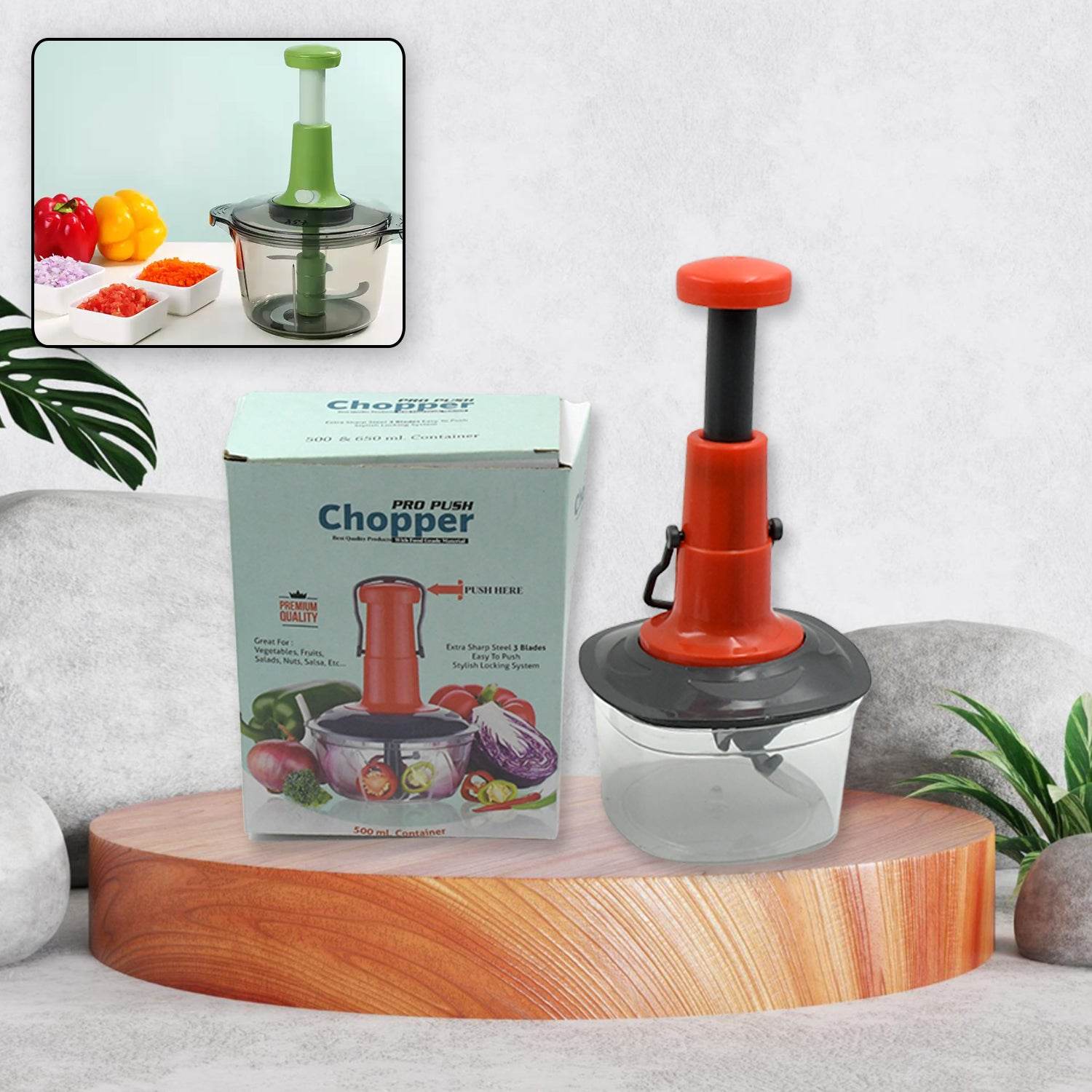 5790 Manual Press Fruit Vegetable Chopper With 3 Stainless Steel Blades Anti-slip Base And Locking System Cutting Chopper For Kitchen (650 Ml) - 9XShoppy