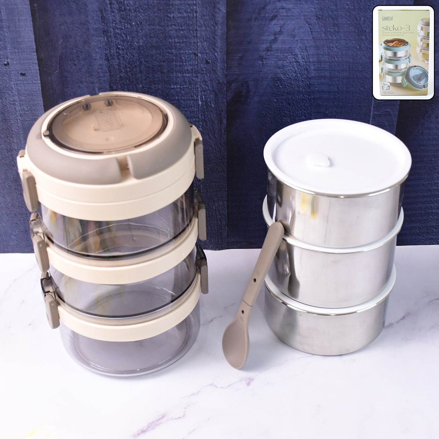 Ganesh Steko-3 Triple Layer Stainless Steel Insulated Lunch Box Set - 9XShoppy