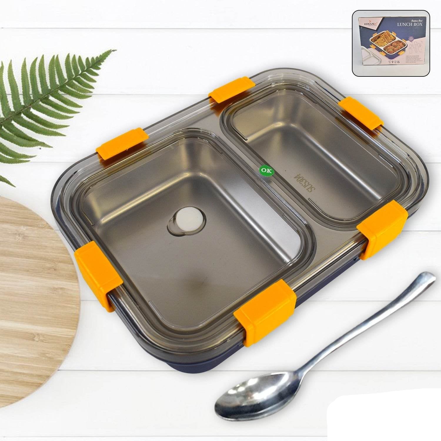 Stainless Steel Lunch Box 2 Section Lunch Box With Spoon - 9XShoppy