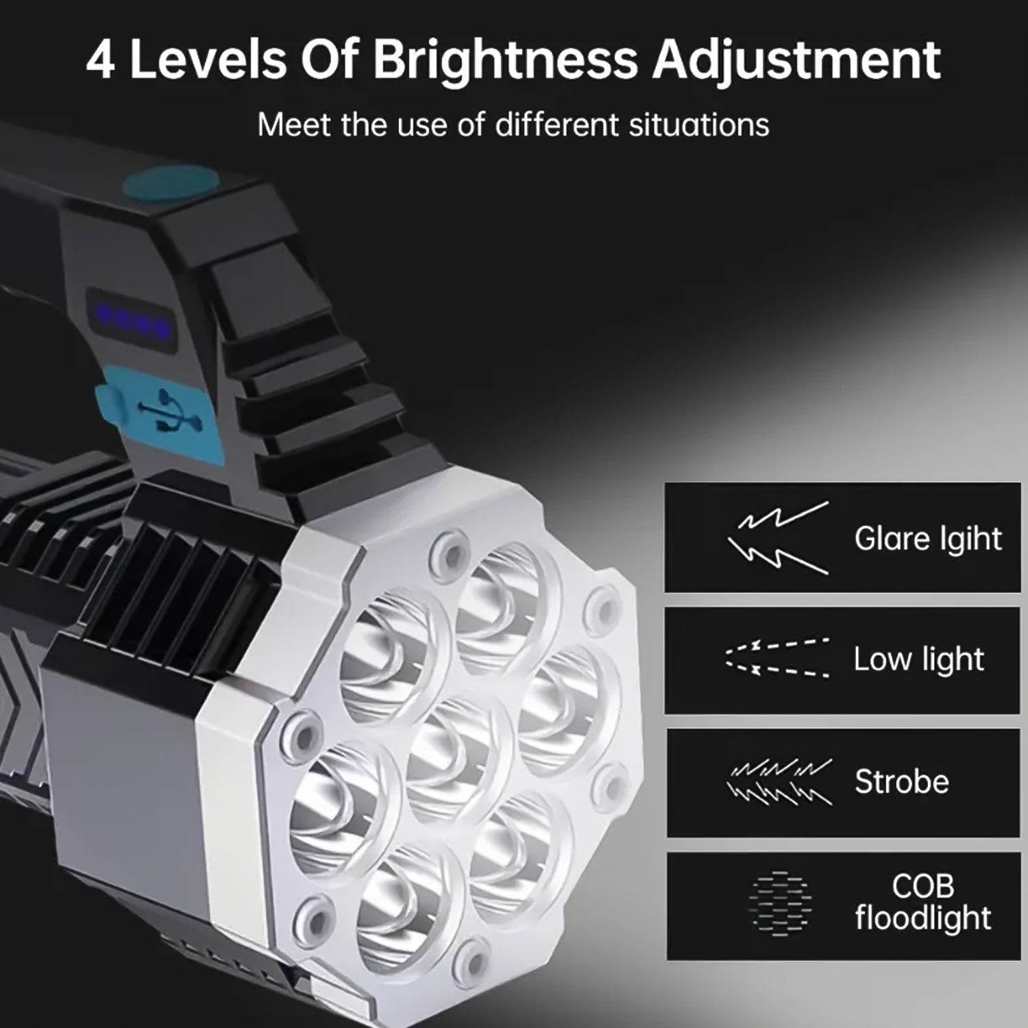 Portable Flashlight Torch Cob 7led Hand Light Usb Rechargeable Light With Side Light (1 Pc) - 9XShoppy