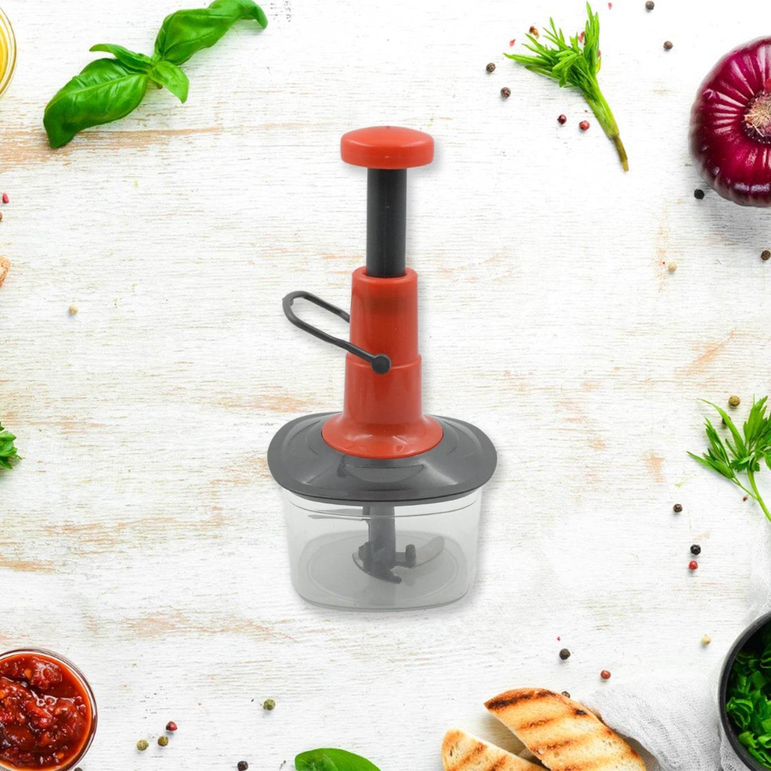 5790 Manual Press Fruit Vegetable Chopper With 3 Stainless Steel Blades Anti-slip Base And Locking System Cutting Chopper For Kitchen (650 Ml) - 9XShoppy