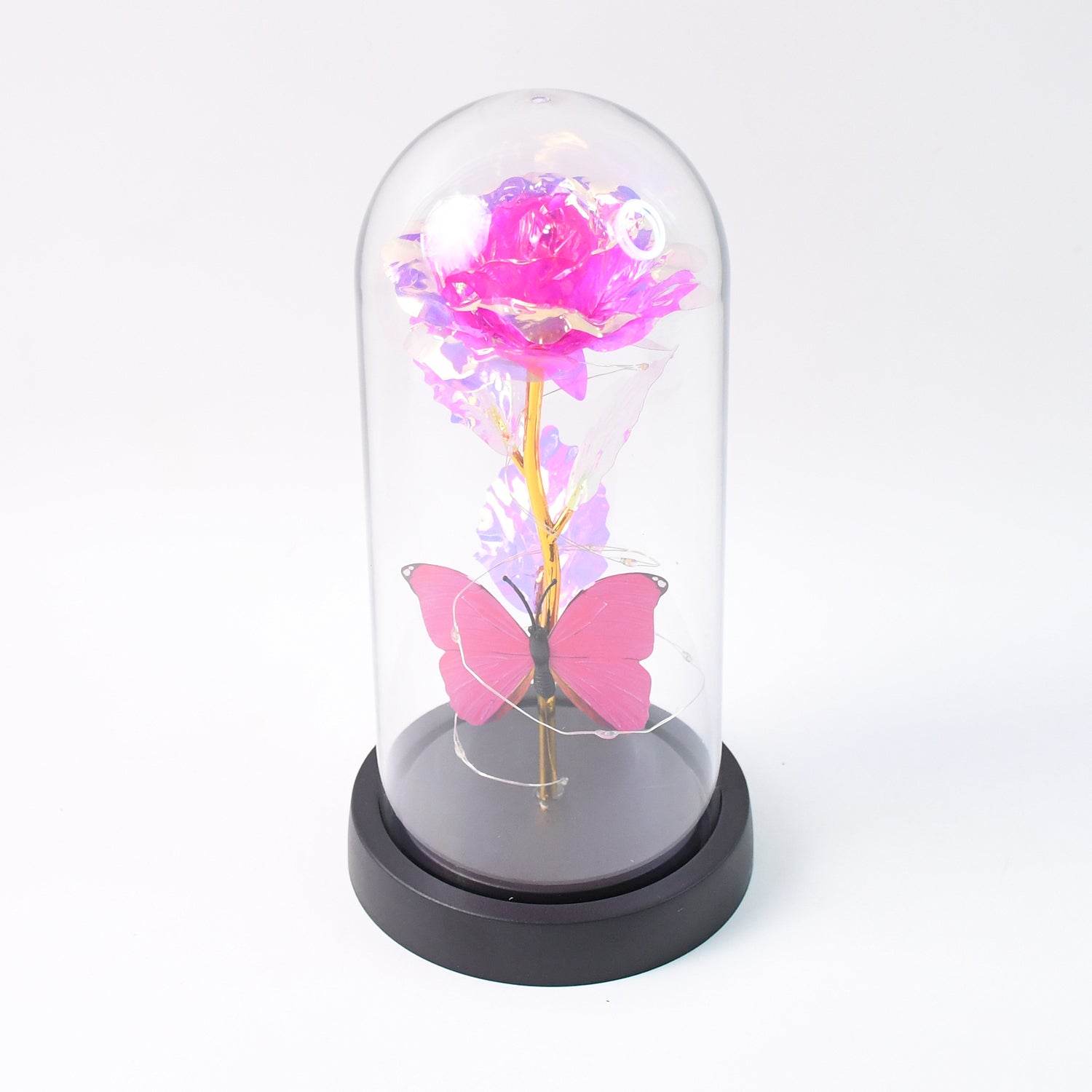 Led Decorative Rose With Butterfly In Transparent Plastic Dome (1 Pc Battery Not Included) - 9XShoppy