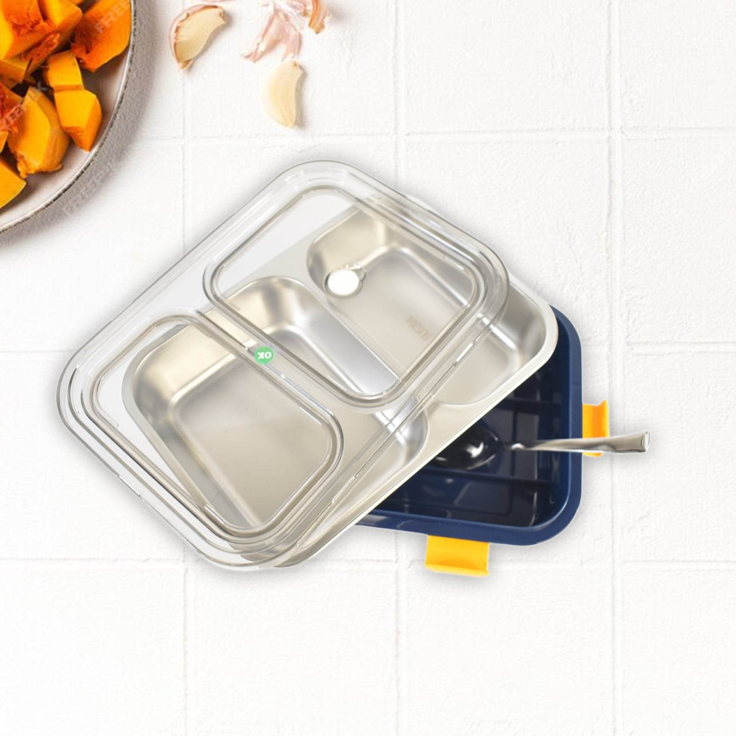 Stainless Steel Lunch Box 2 Section Lunch Box With Spoon - 9XShoppy