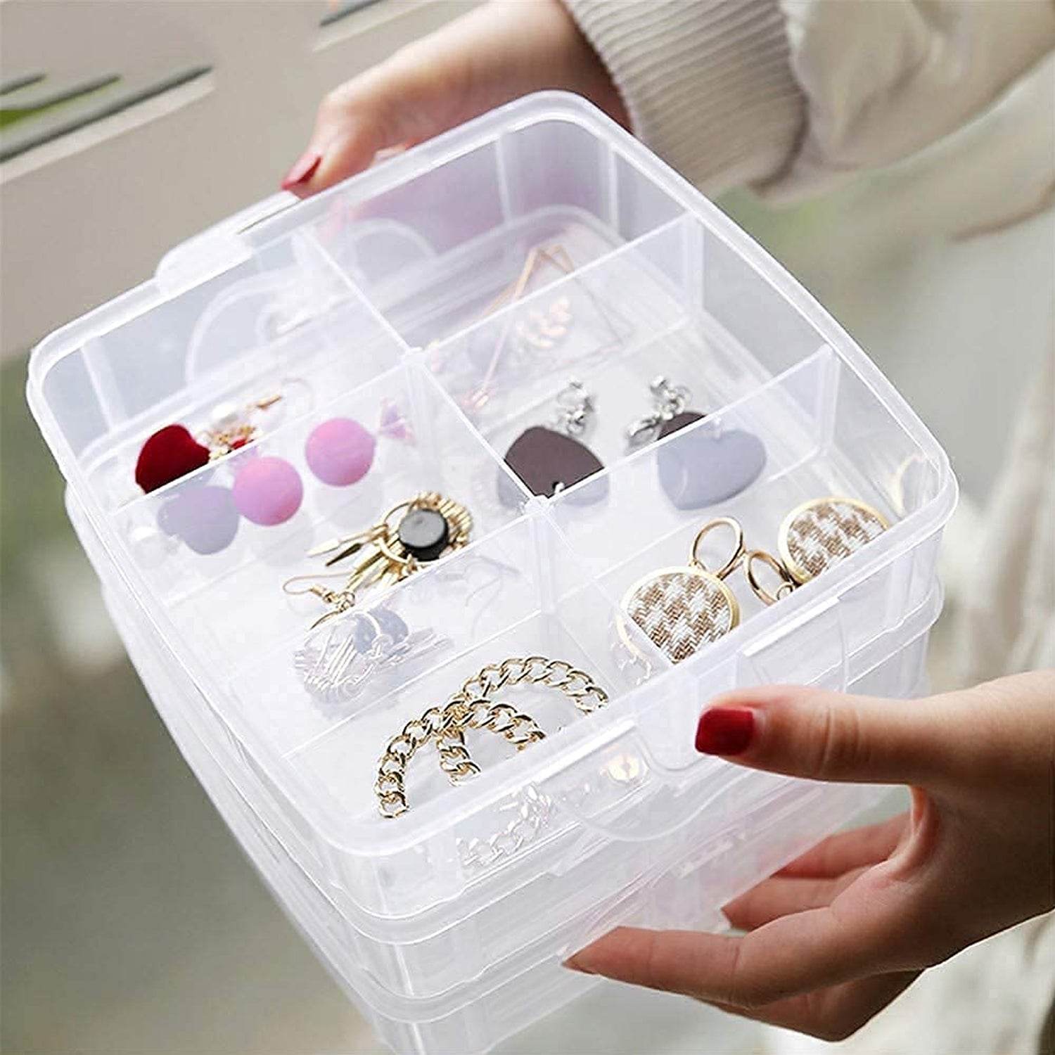 3-tier 18 Sections Transparent Stackable Adjustable Compartment Storage Box - 9XShoppy