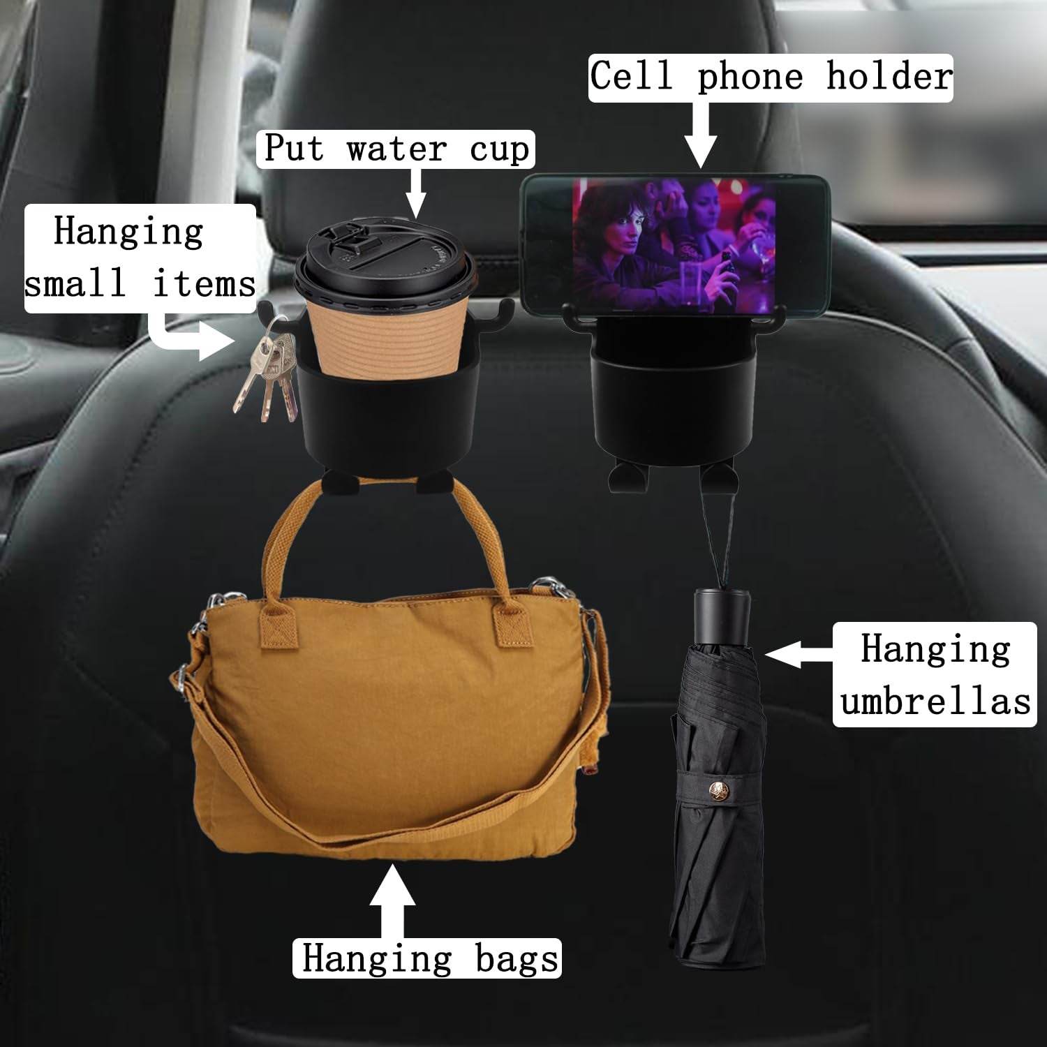8548 Car Headrest Backseat Organizer 3 In 1 Automotive Cell Phone Drink Cupholder Adapter With Headrest Hooks For Kids And Adults Multifunctional Storage For Car Travel Accessories - 9XShoppy