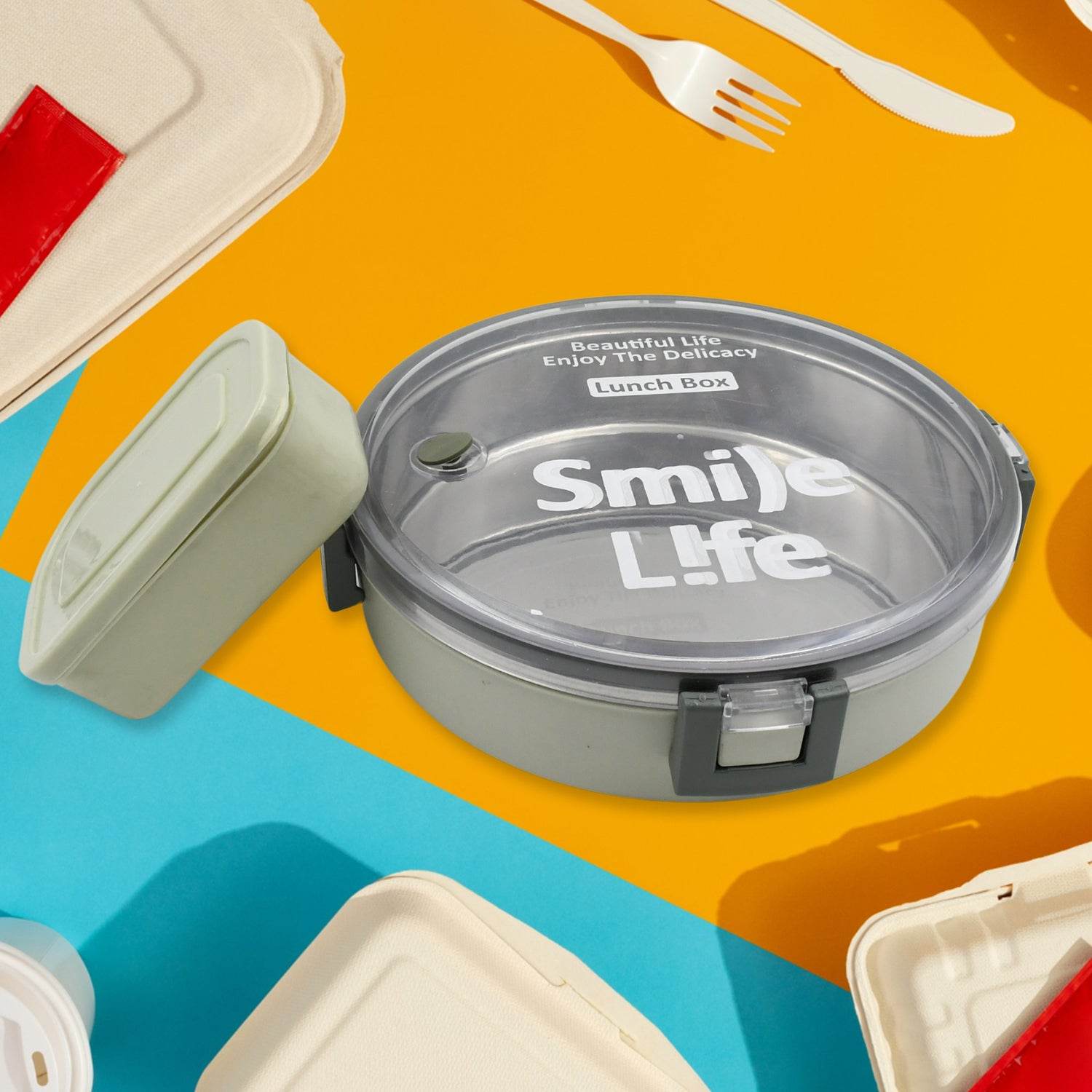 5584 Miracle Stainless Steel Round Lunch Box With Small Plastic Box Insert Leak Proof Lunch Box With Transparent Lid Lunch Box For Kids Adults For School Office (450 Ml + 250 Ml Approx) - 9XShoppy