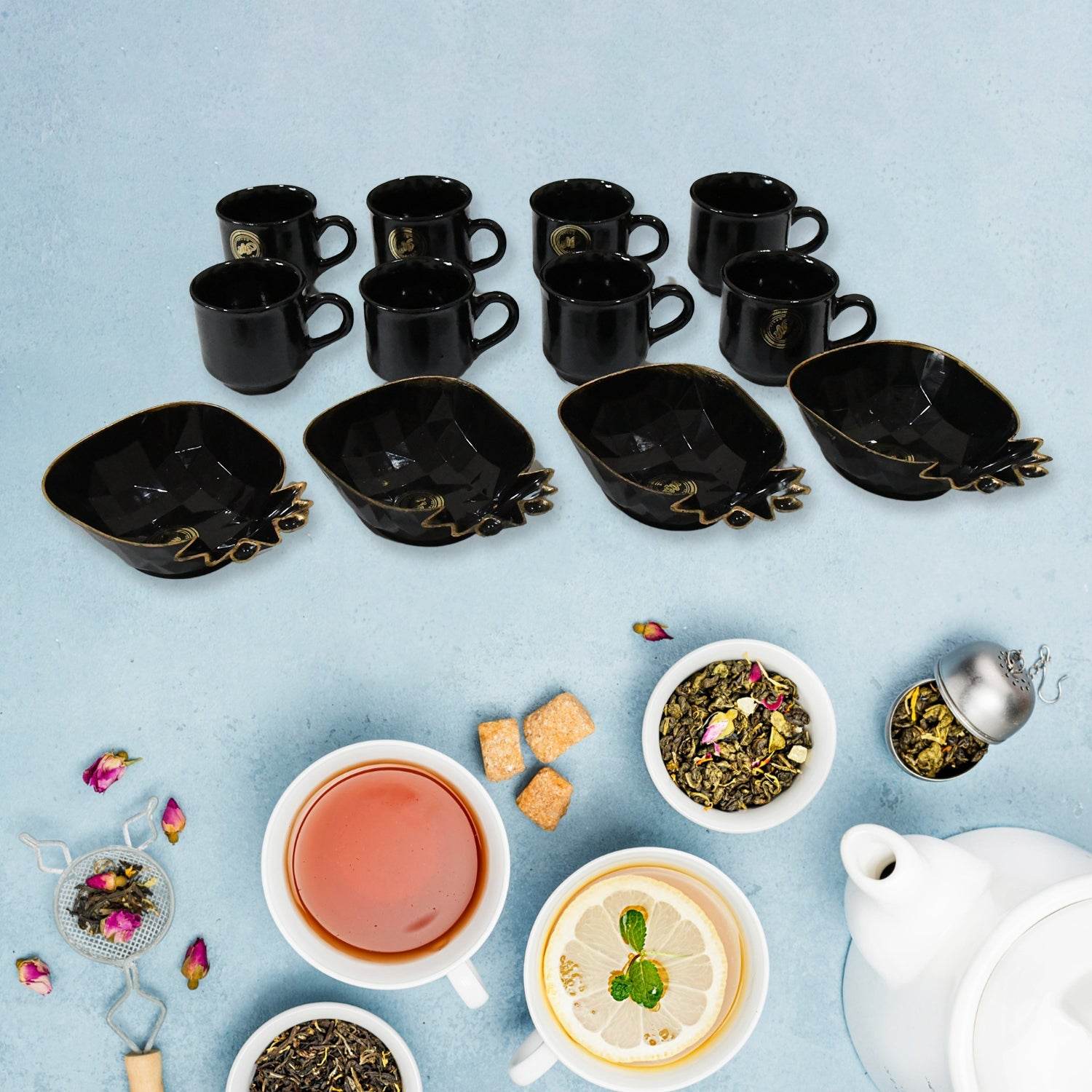 Pine Junction Ceramic Tea Cups Mug Set With Pineapple Shape Serving Bowl (12 Pcs Set) - 9XShoppy