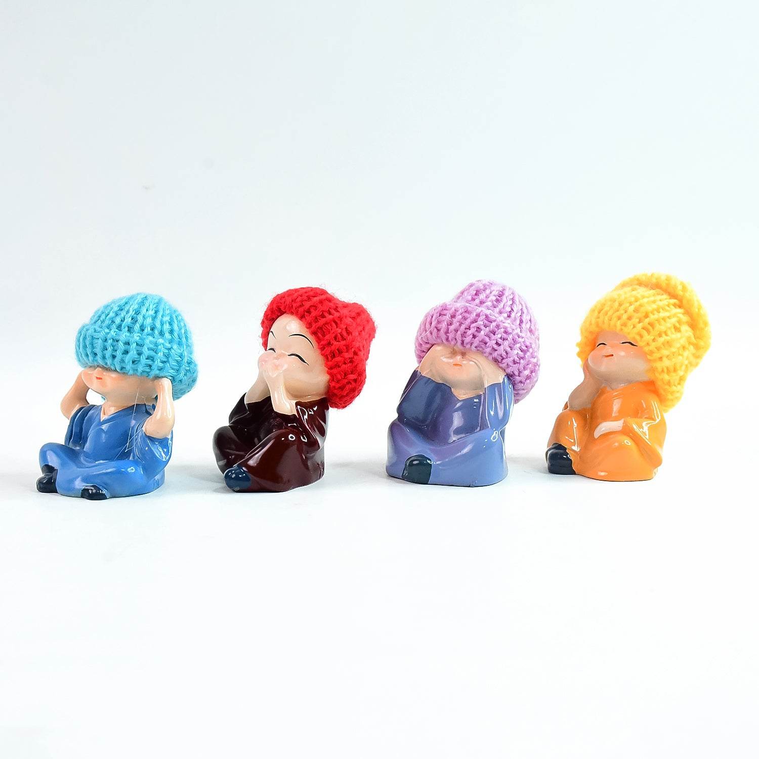 Decorative Resin Monk Buddha Showpiece Set Of 4 With Traditional Straw Hats - 9XShoppy