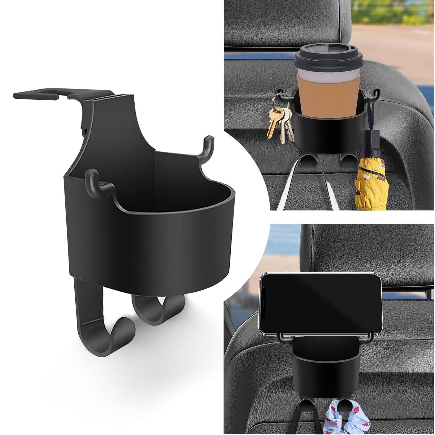 8548 Car Headrest Backseat Organizer 3 In 1 Automotive Cell Phone Drink Cupholder Adapter With Headrest Hooks For Kids And Adults Multifunctional Storage For Car Travel Accessories - 9XShoppy