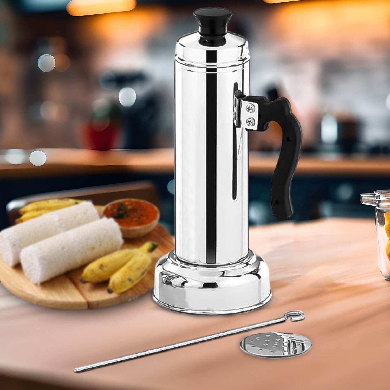 5311 Puttu Maker With Steamer Plate Metal Stick Black Plastic Handle Silver Lid Puttu Maker Set To Use With Pressure Cooker Top Food Grade Stainless Steel - 9XShoppy