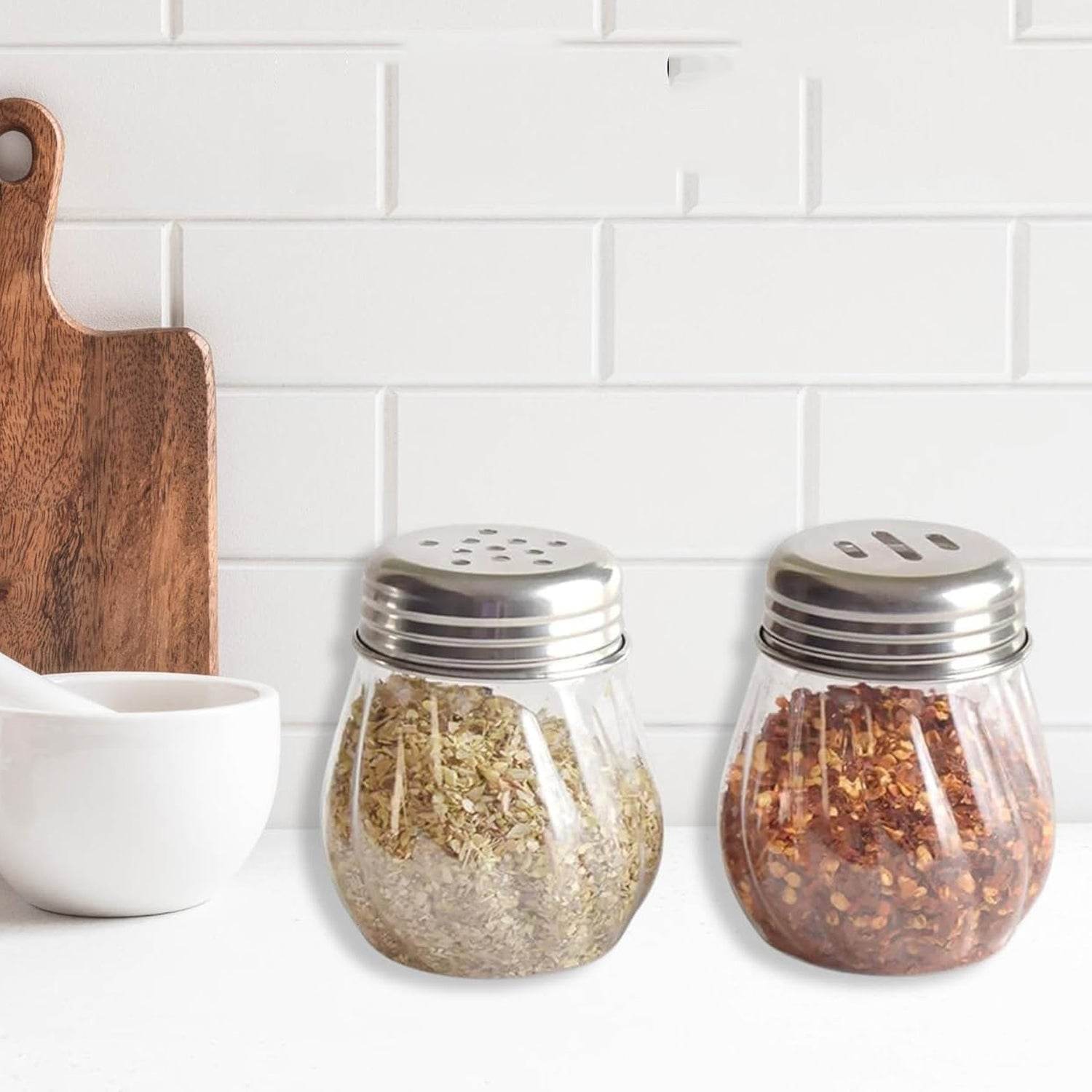 Apex Oregano Chilli Flakes Dispenser Set 2 Pcs Glass Spice Shaker With Stainless Steel Lid - 9XShoppy